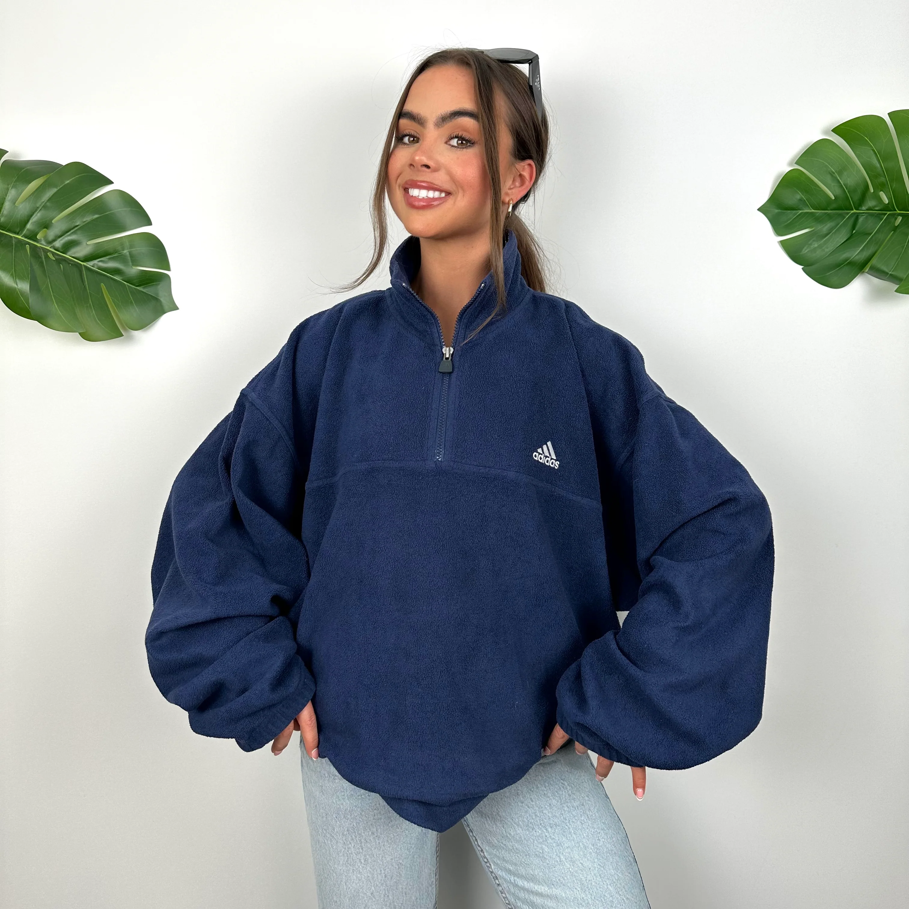 Adidas Navy Embroidered Spell Out Teddy Bear Fleece Quarter Zip Sweatshirt (XXL) - Image 3