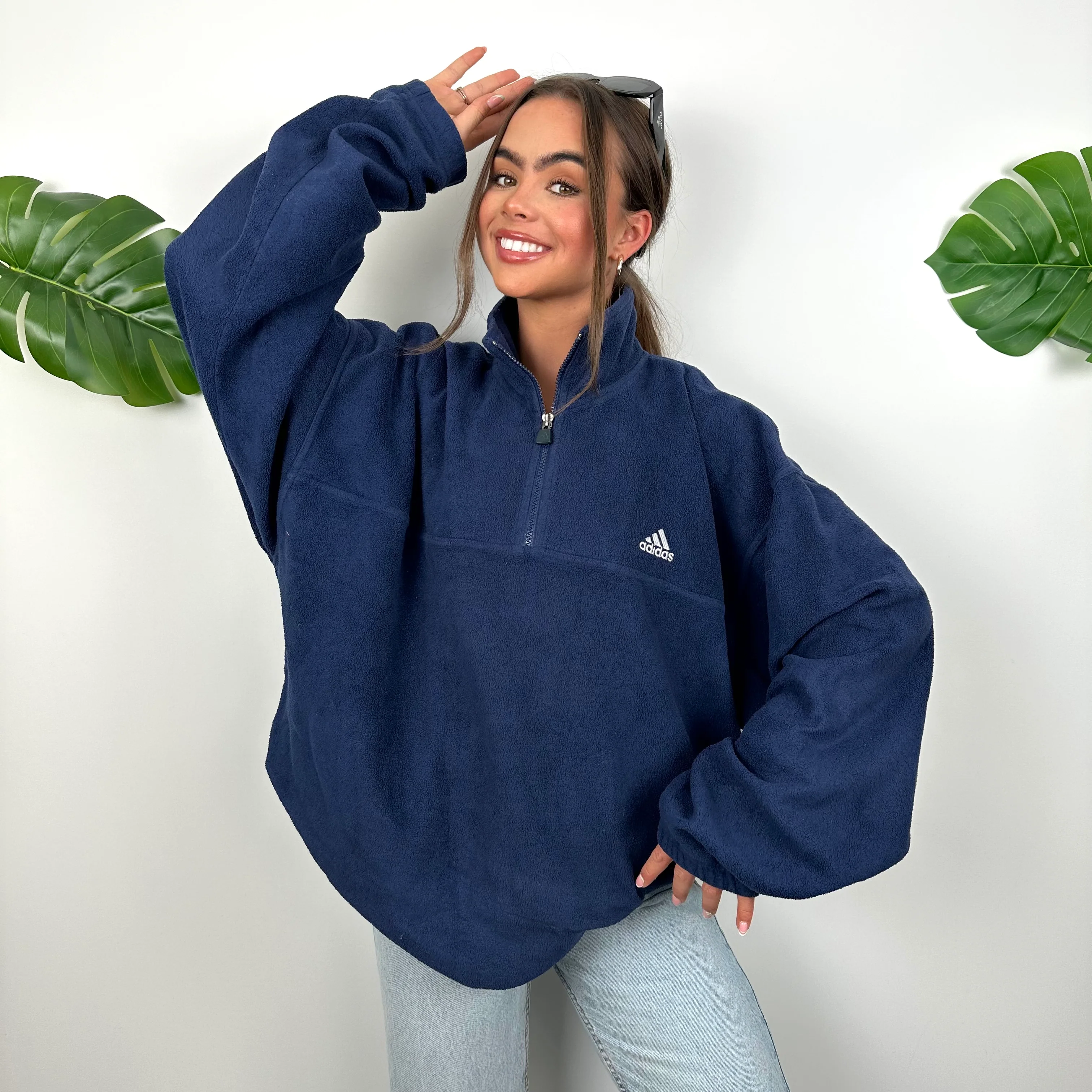 Adidas Navy Embroidered Spell Out Teddy Bear Fleece Quarter Zip Sweatshirt (XXL) - Image 4