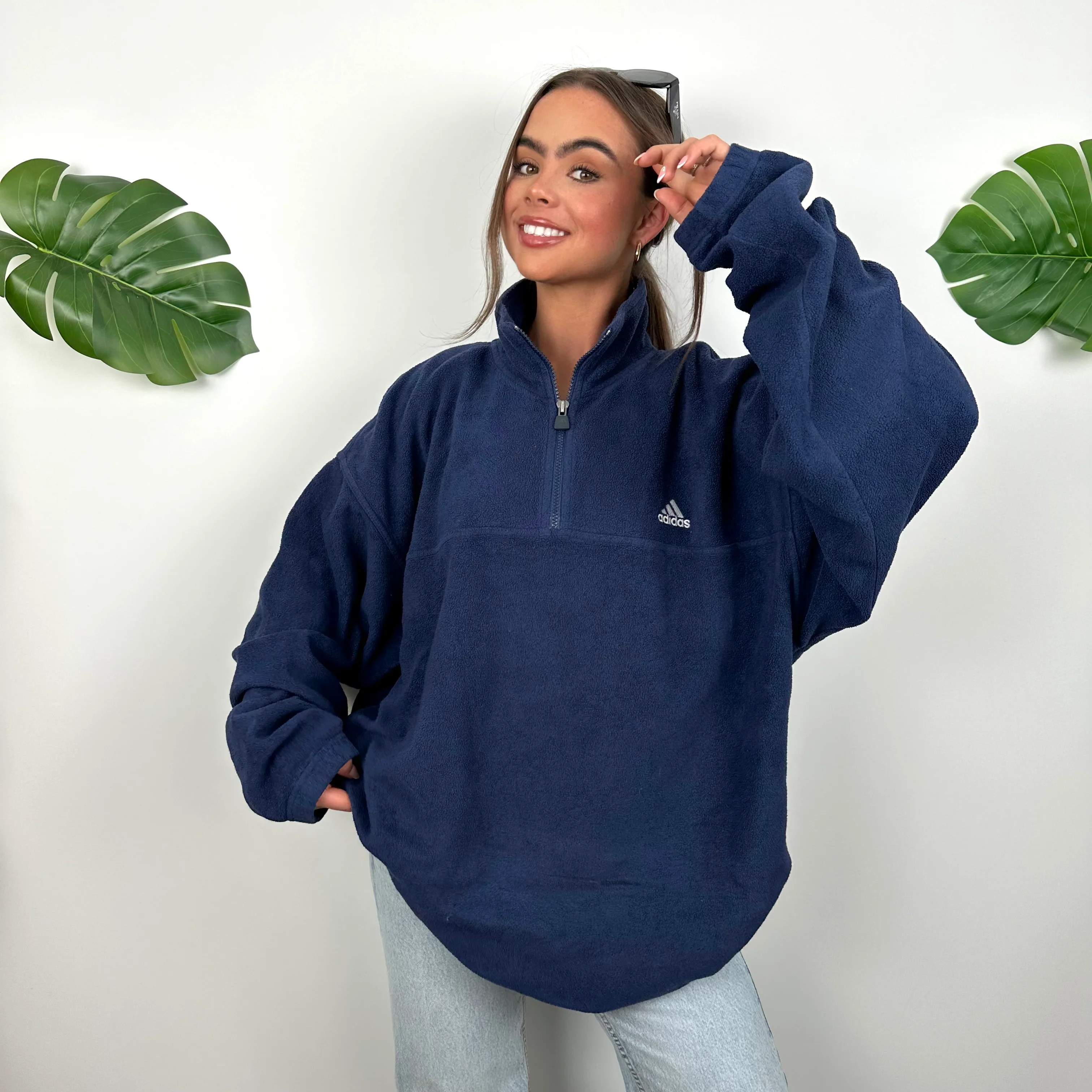 Adidas Navy Embroidered Spell Out Teddy Bear Fleece Quarter Zip Sweatshirt (XXL) - Image 6