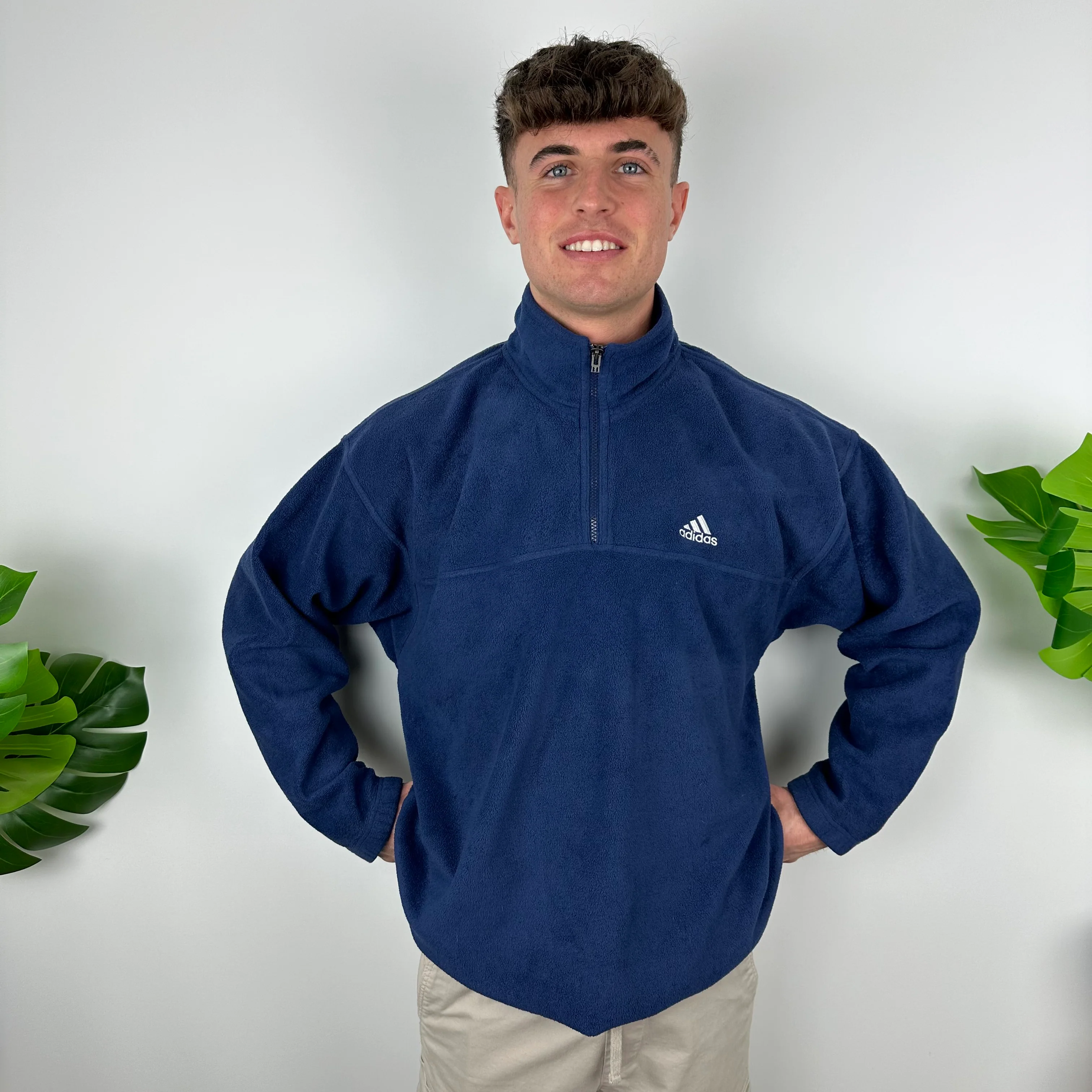 Adidas Navy Embroidered Spell Out Teddy Bear Fleece Quarter Zip Sweatshirt (L)