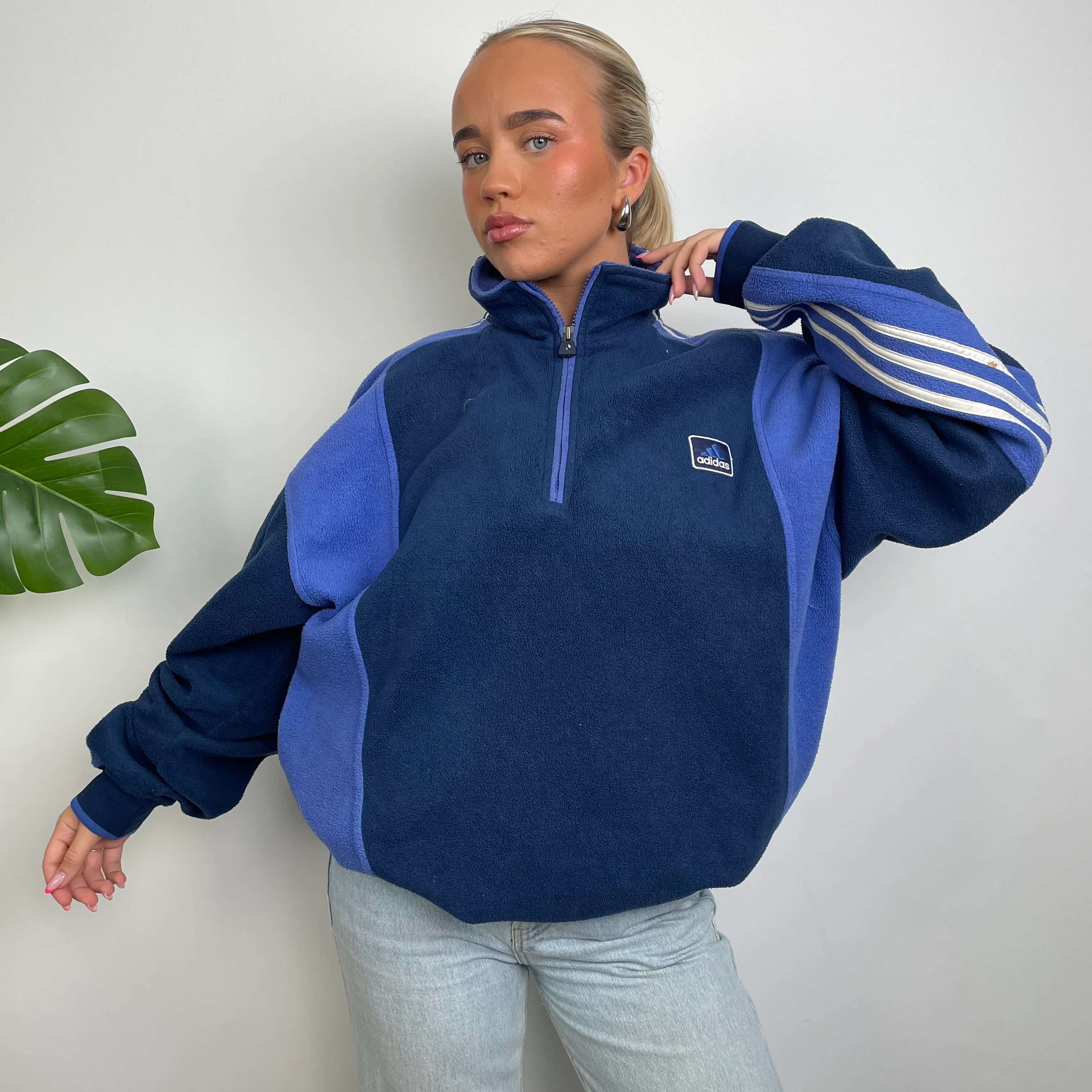 Adidas Navy Embroidered Spell Out Teddy Bear Fleece Quarter Zip Sweatshirt (L) - Image 2