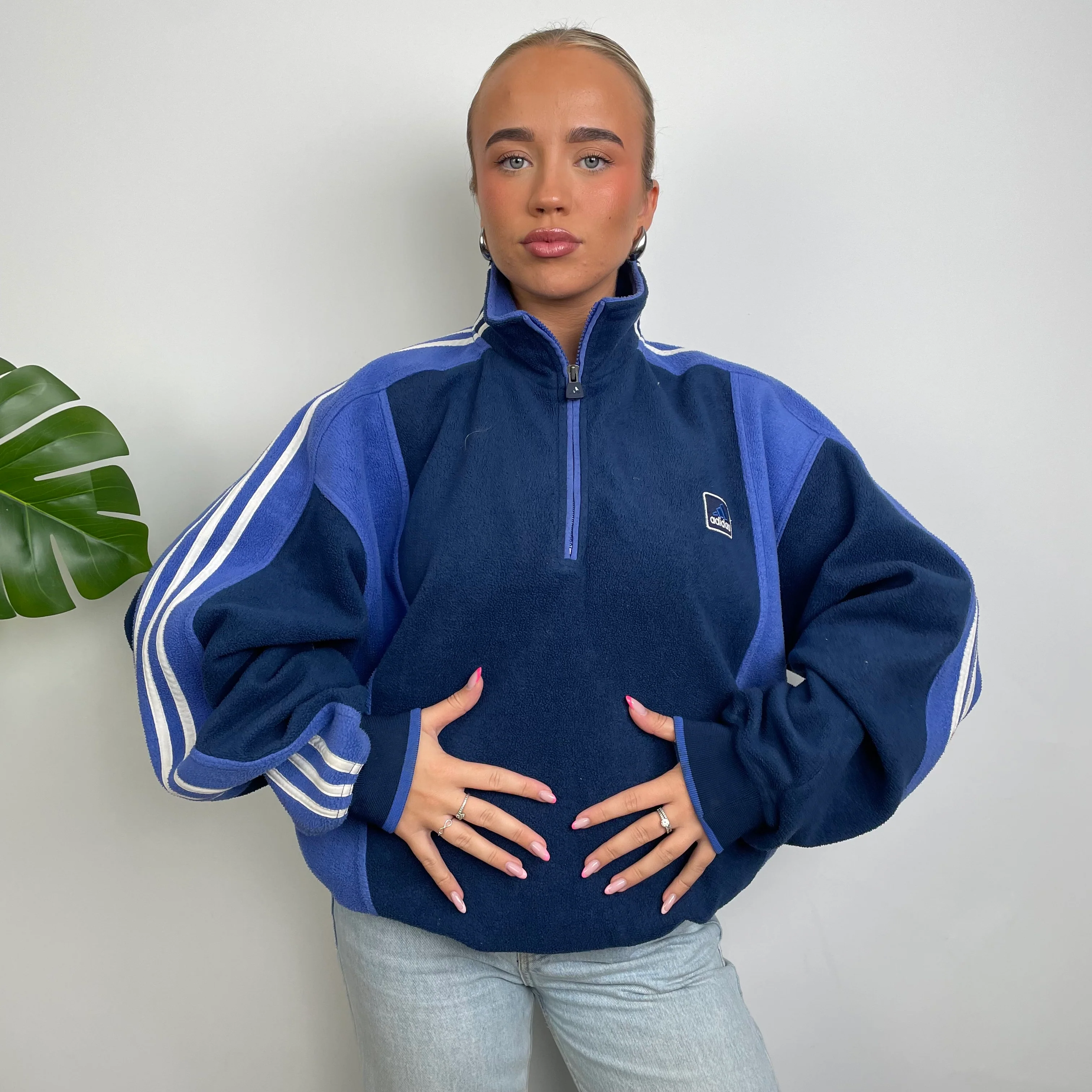 Adidas Navy Embroidered Spell Out Teddy Bear Fleece Quarter Zip Sweatshirt (L) - Image 3