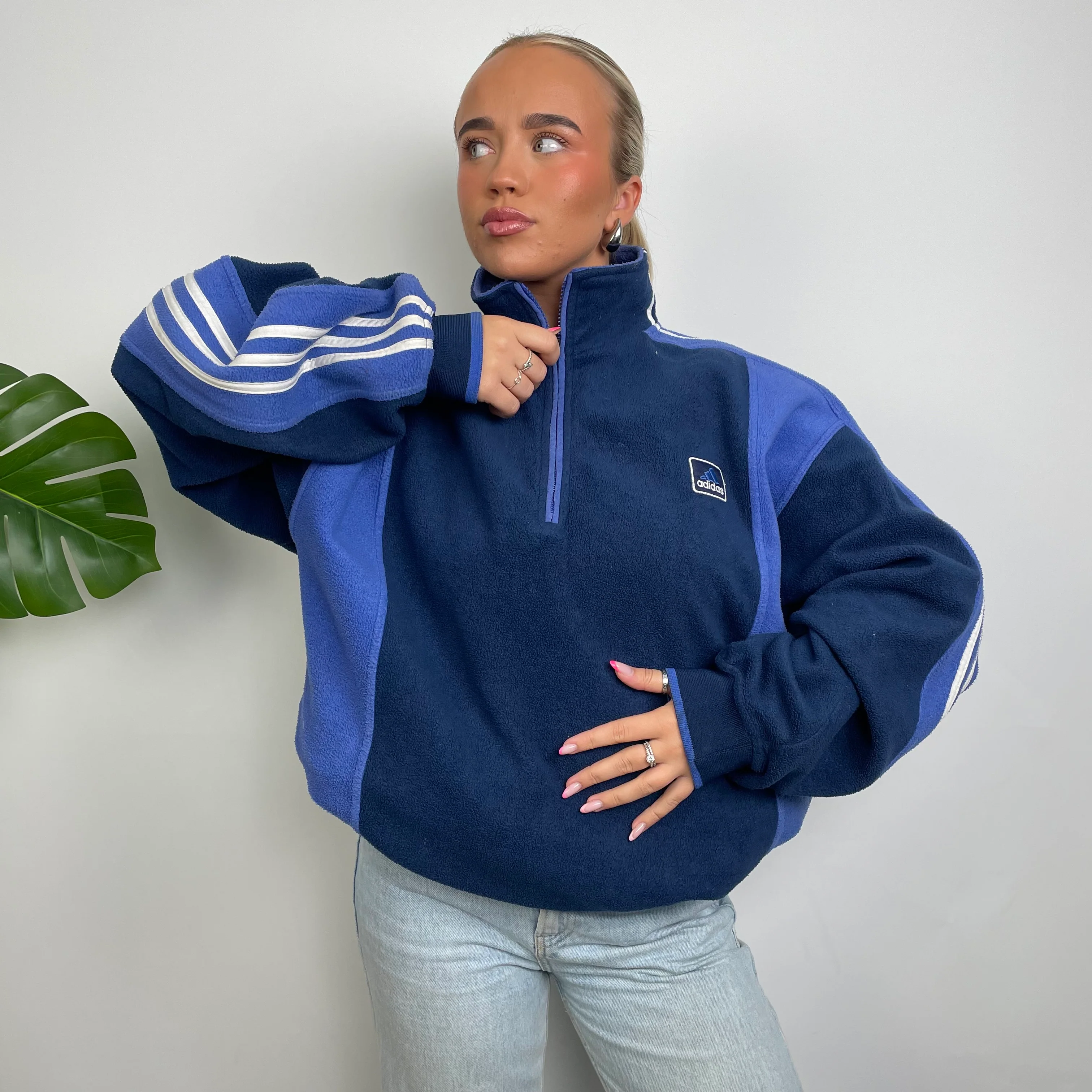 Adidas Navy Embroidered Spell Out Teddy Bear Fleece Quarter Zip Sweatshirt (L) - Image 5