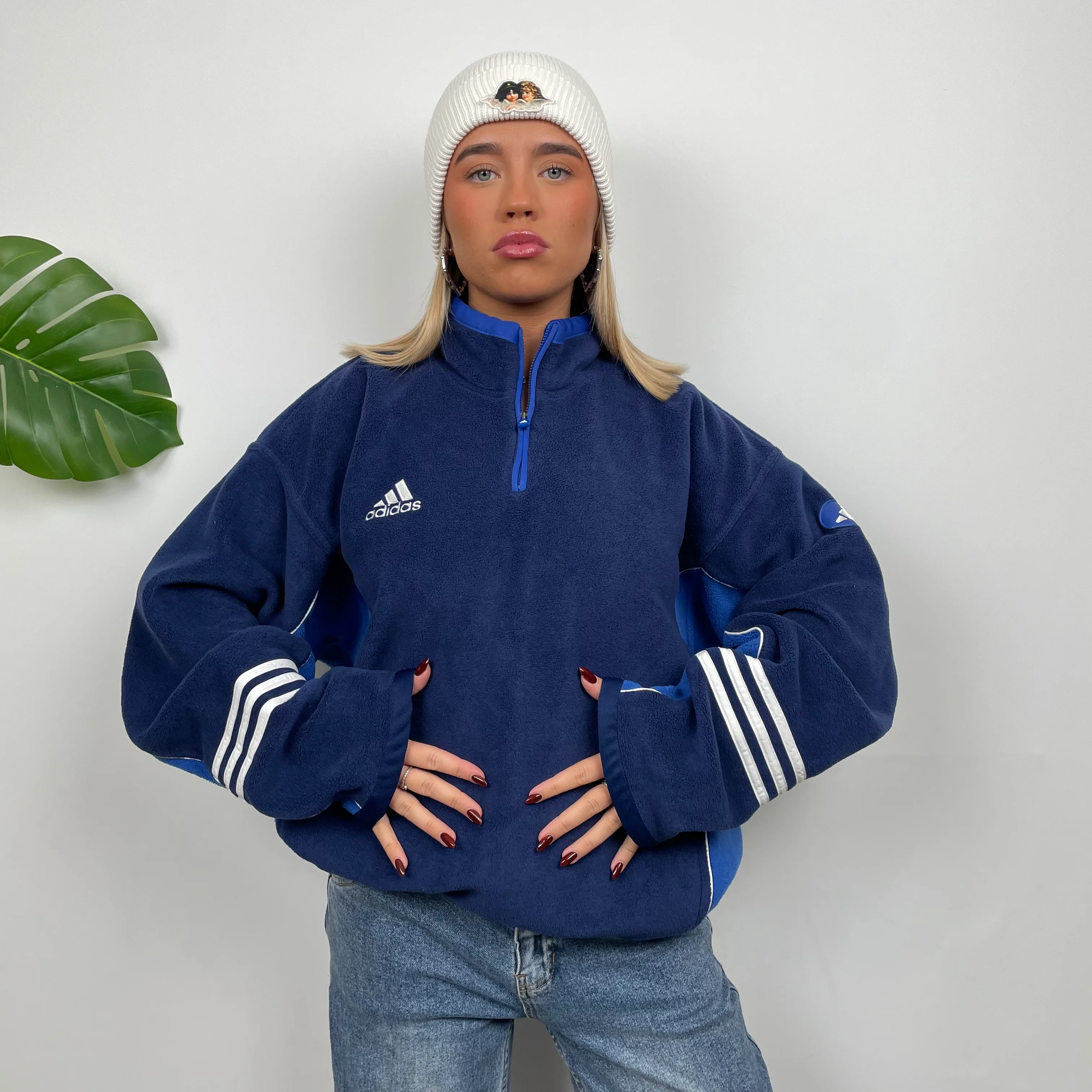 Adidas Navy Embroidered Spell Out Teddy Bear Fleece Quarter Zip Sweatshirt (XL) - Image 2
