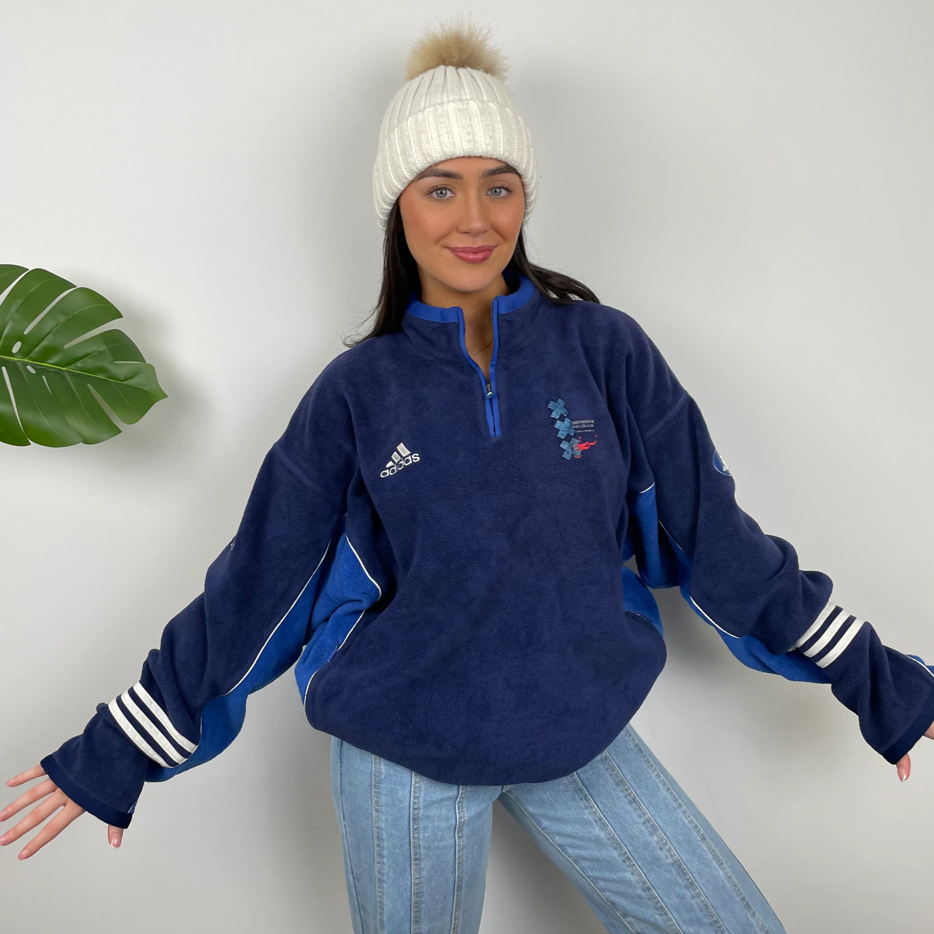 Adidas Navy Embroidered Spell Out Teddy Bear Fleece Quarter Zip Sweatshirt (L) - Image 2