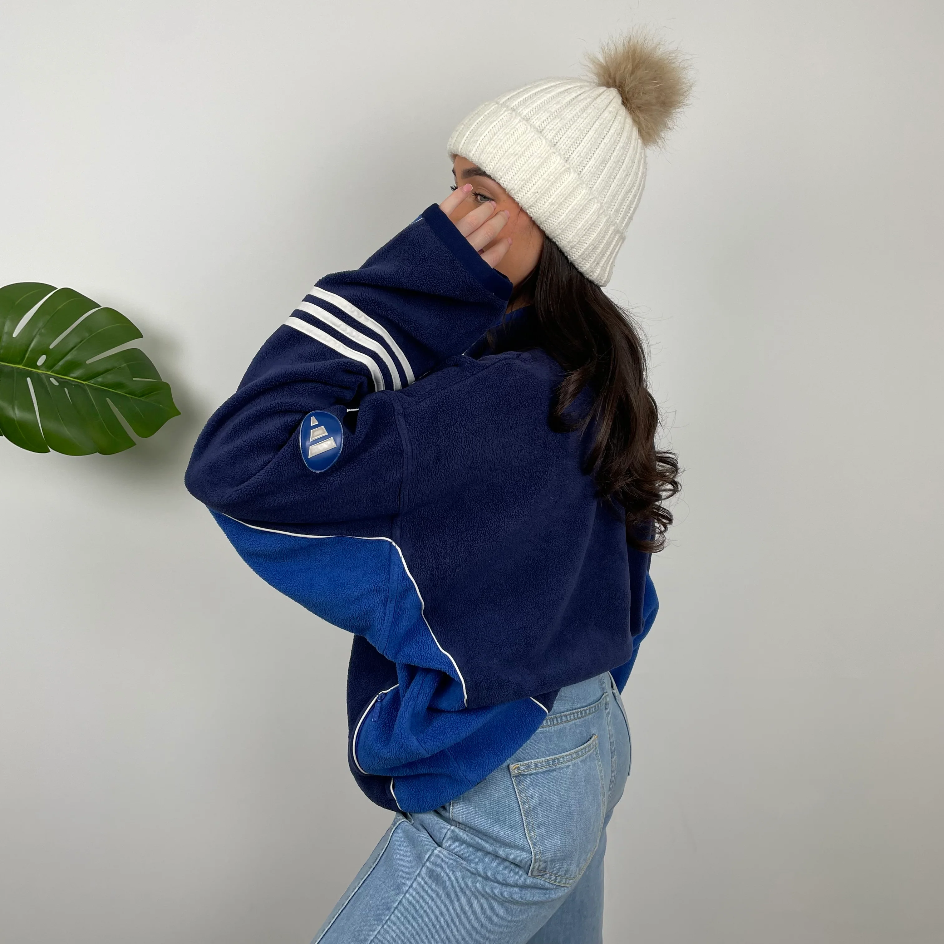 Adidas Navy Embroidered Spell Out Teddy Bear Fleece Quarter Zip Sweatshirt (L) - Image 3
