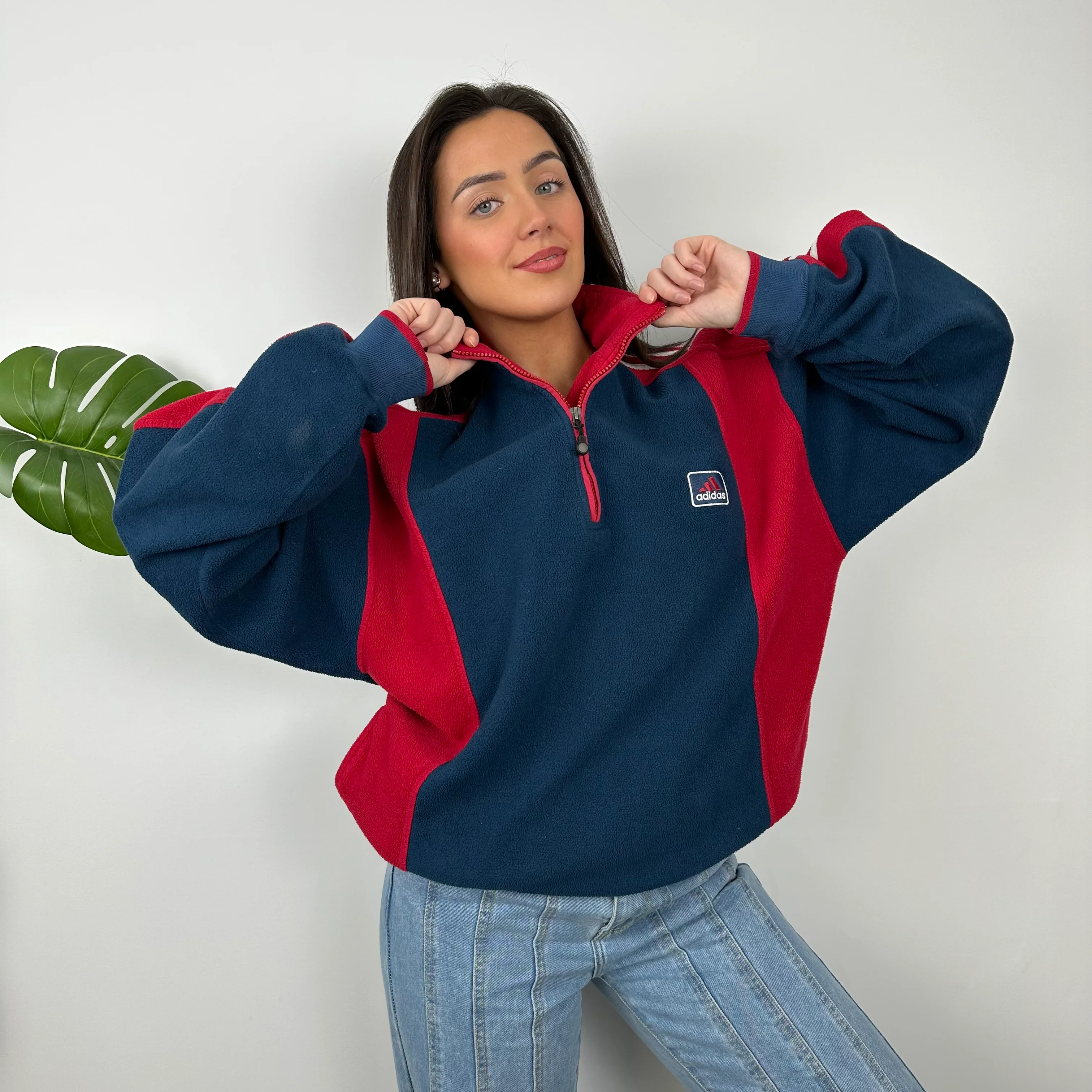 Adidas Navy Embroidered Spell Out Teddy Bear Fleece Quarter Zip Sweatshirt (L) - Image 2