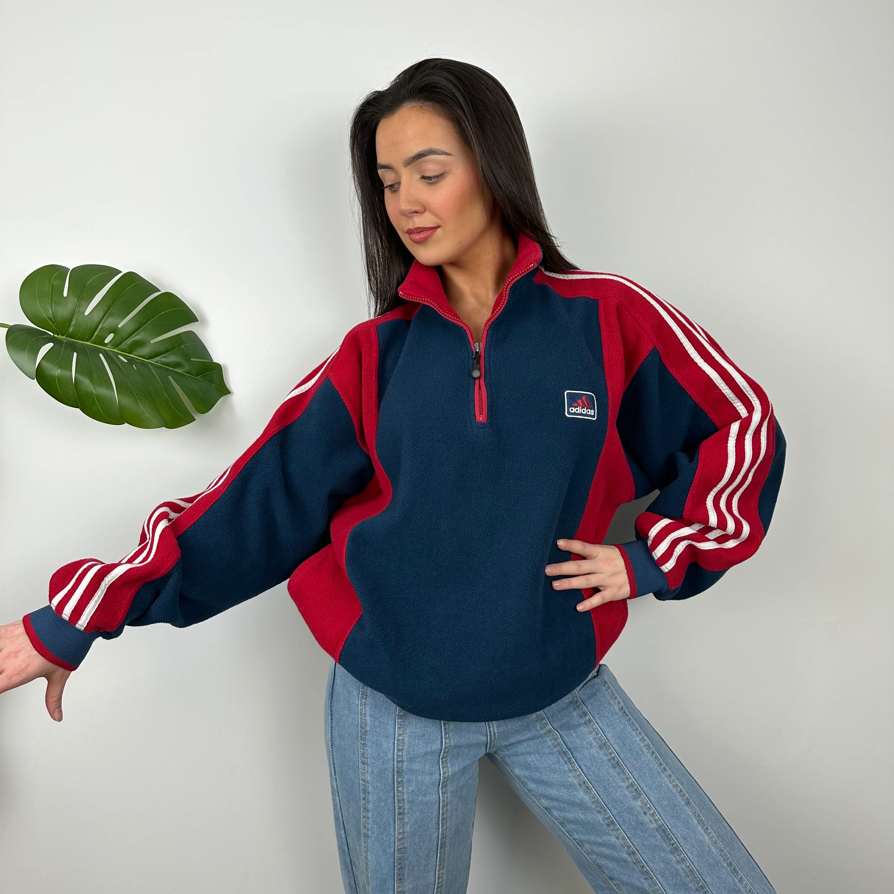 Adidas Navy Embroidered Spell Out Teddy Bear Fleece Quarter Zip Sweatshirt (L) - Image 3