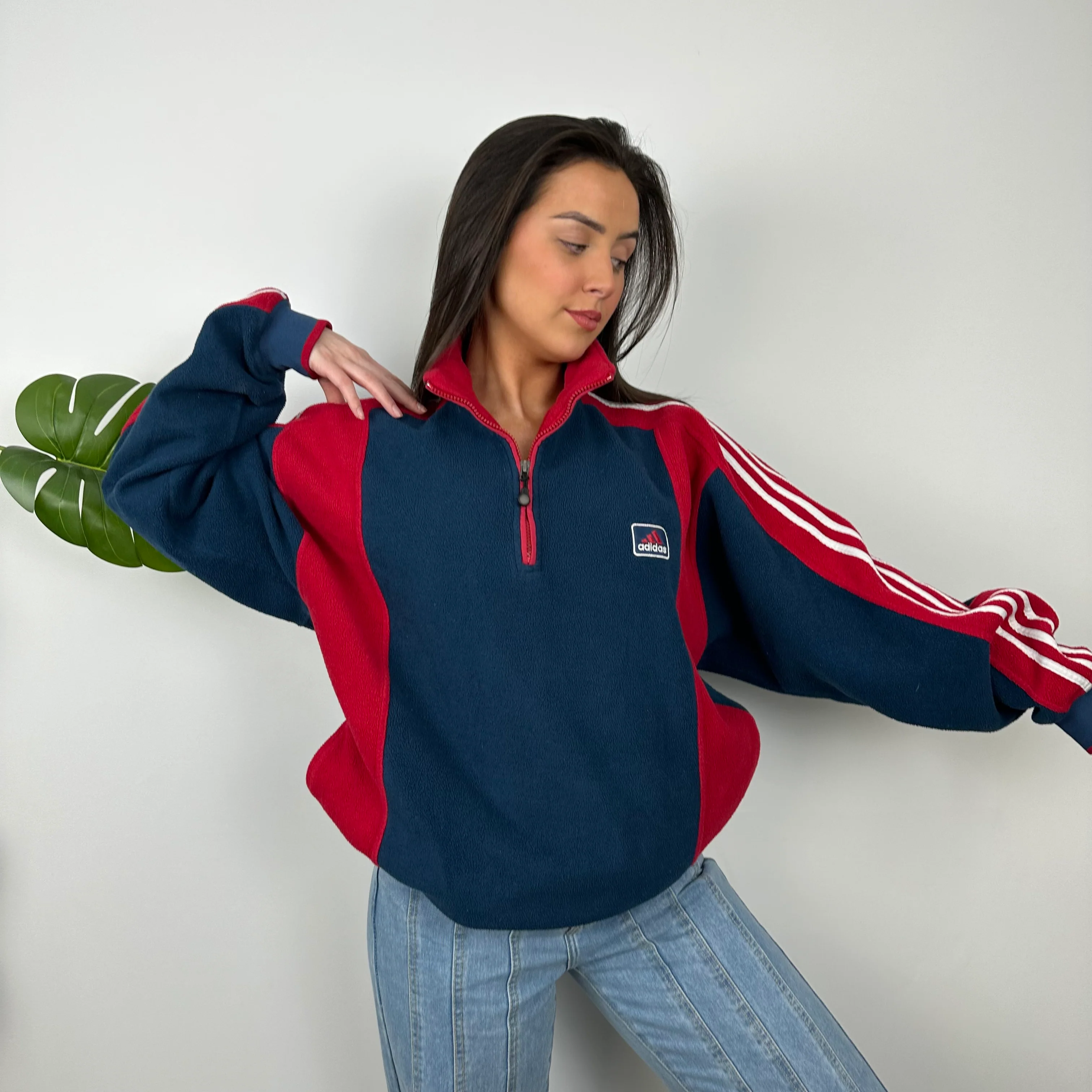 Adidas Navy Embroidered Spell Out Teddy Bear Fleece Quarter Zip Sweatshirt (L) - Image 4