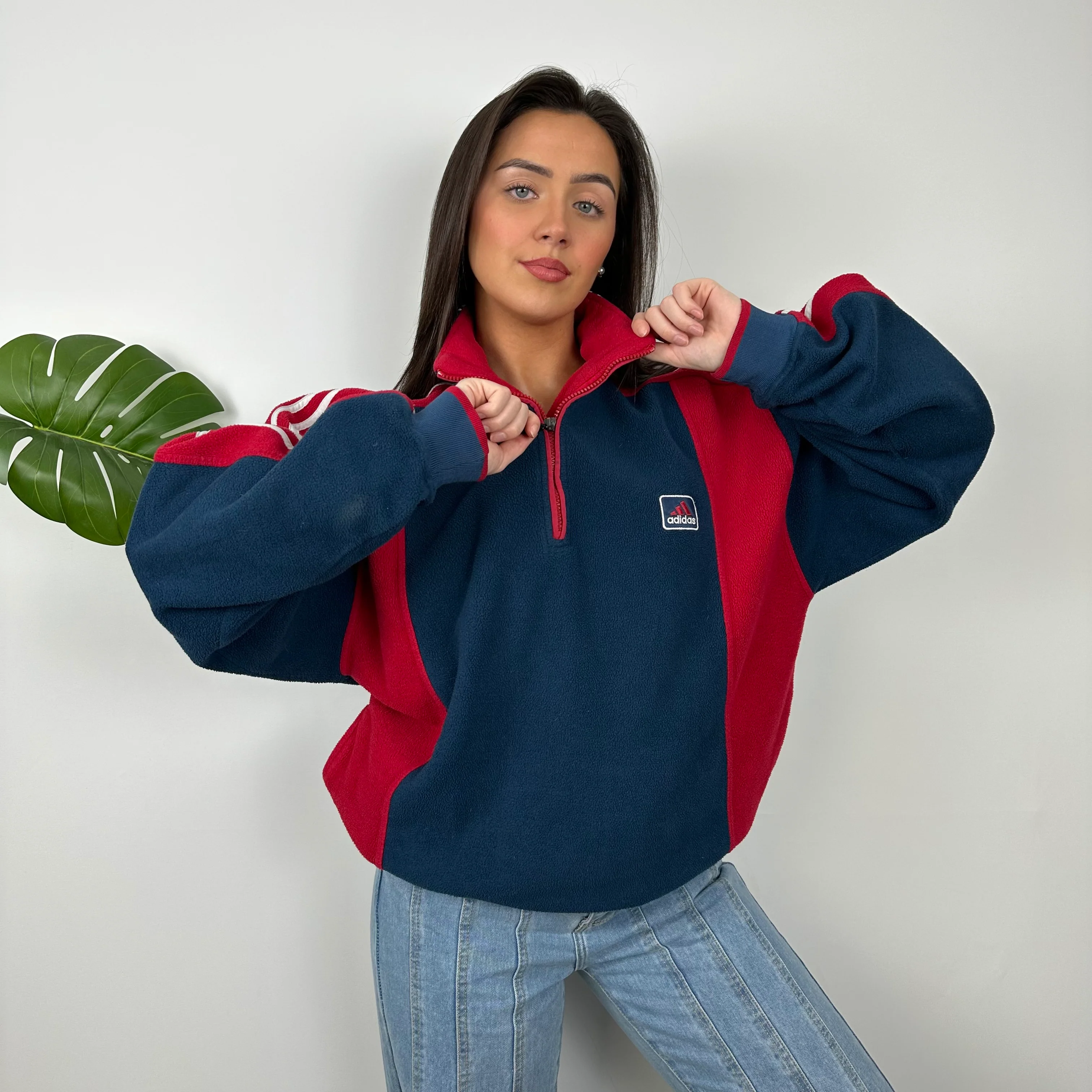 Adidas Navy Embroidered Spell Out Teddy Bear Fleece Quarter Zip Sweatshirt (L) - Image 9