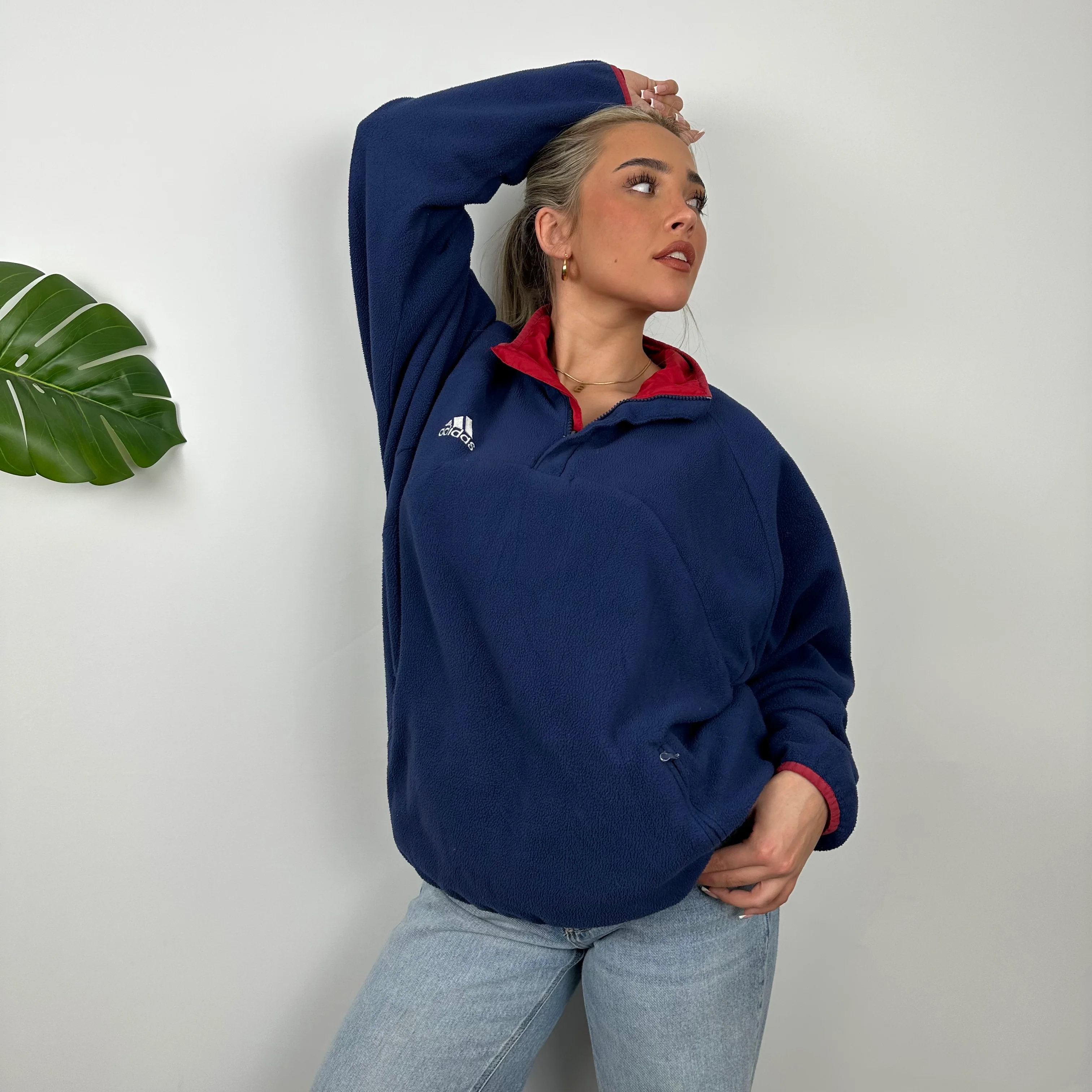 Adidas Navy Embroidered Spell Out Teddy Bear Fleece Quarter Zip Sweatshirt (L) - Image 2