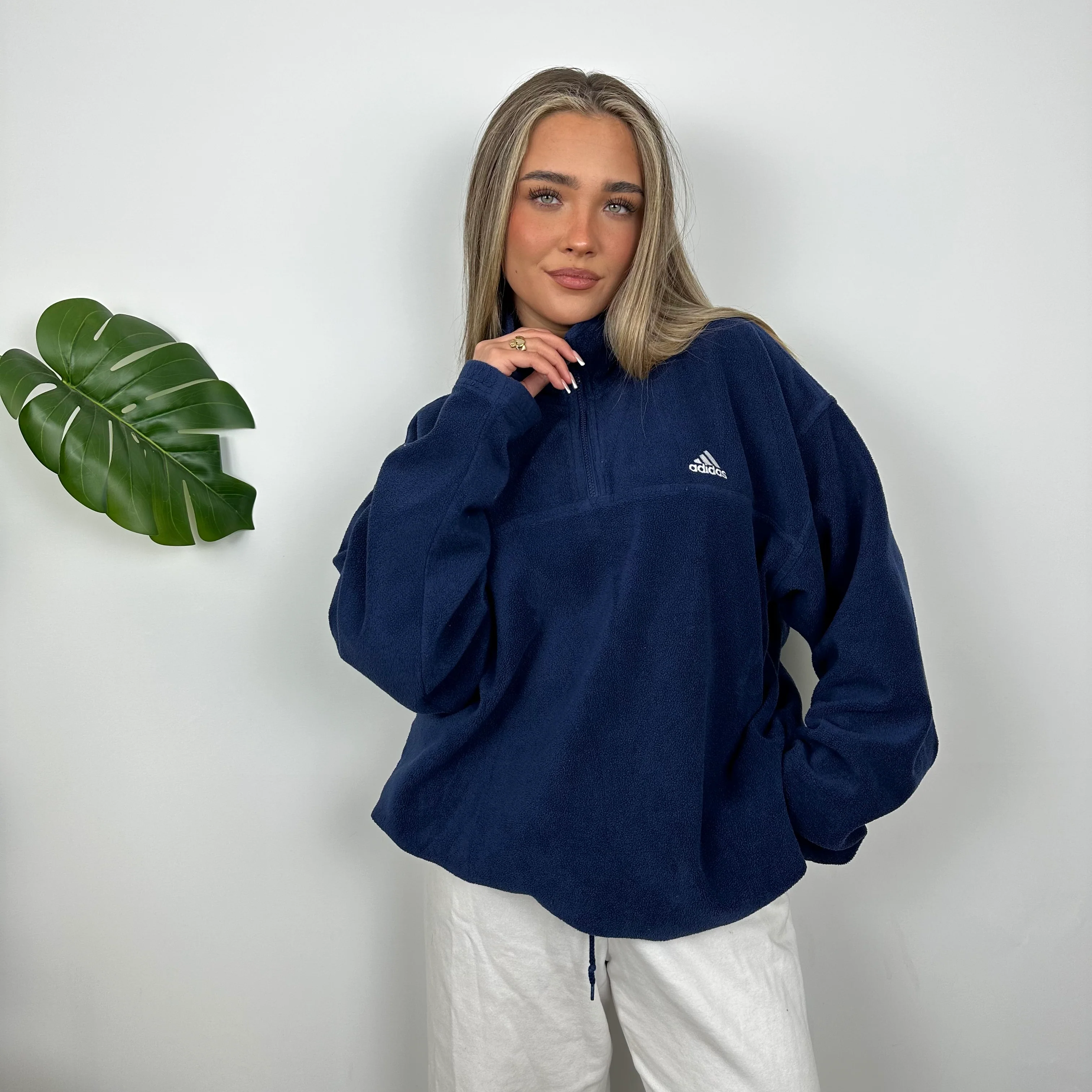 Adidas Navy Embroidered Spell Out Teddy Bear Fleece Quarter Zip Sweatshirt (XL) - Image 2