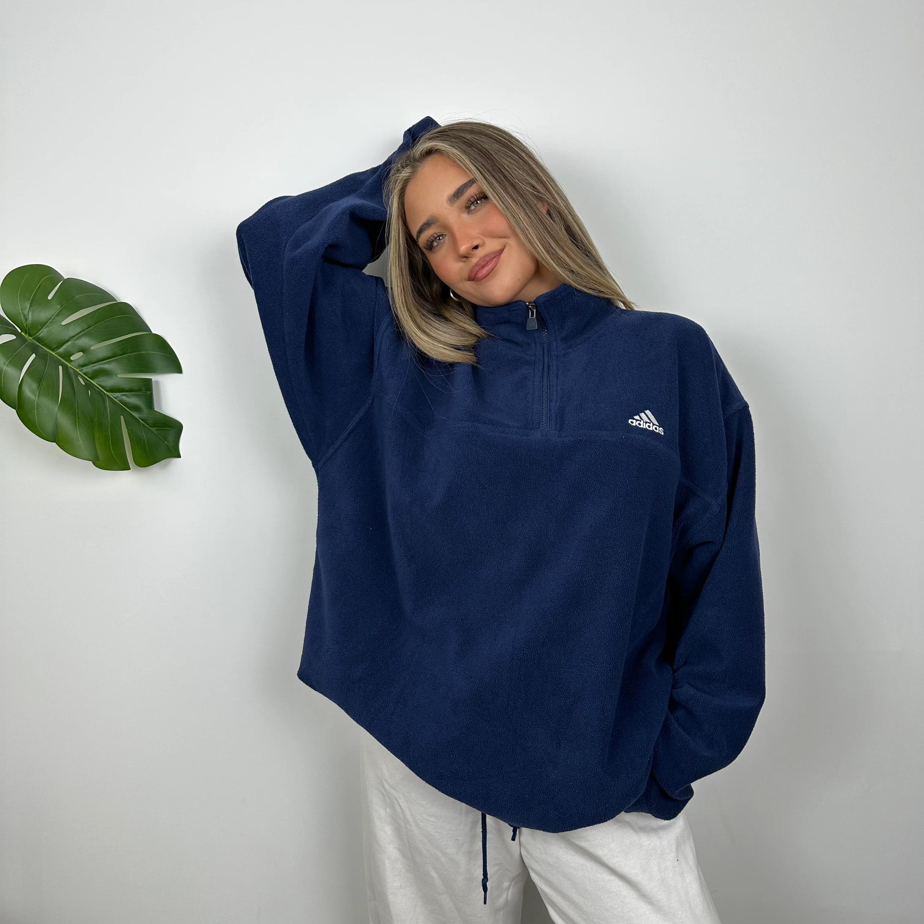 Adidas Navy Embroidered Spell Out Teddy Bear Fleece Quarter Zip Sweatshirt (XL) - Image 3