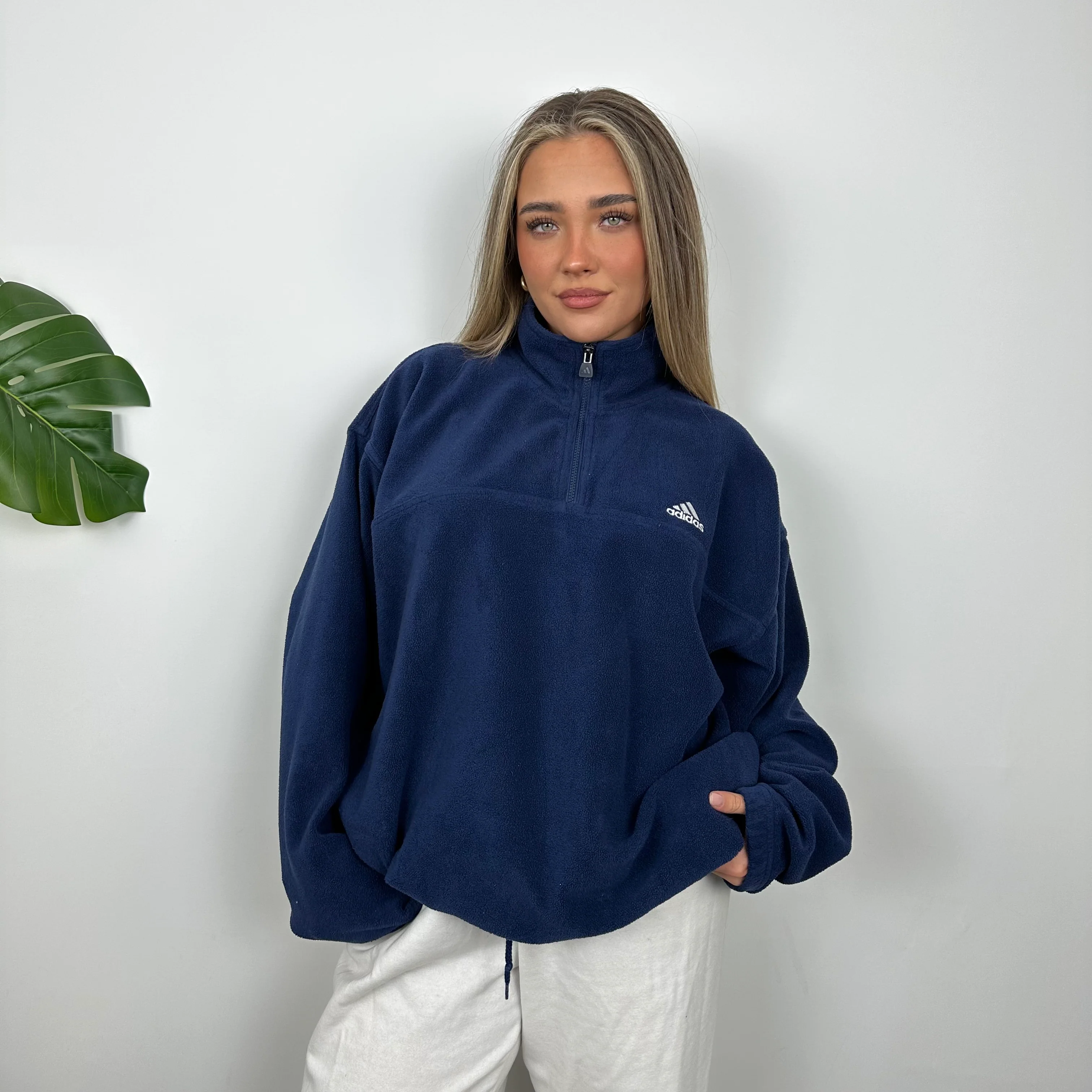 Adidas Navy Embroidered Spell Out Teddy Bear Fleece Quarter Zip Sweatshirt (XL) - Image 4