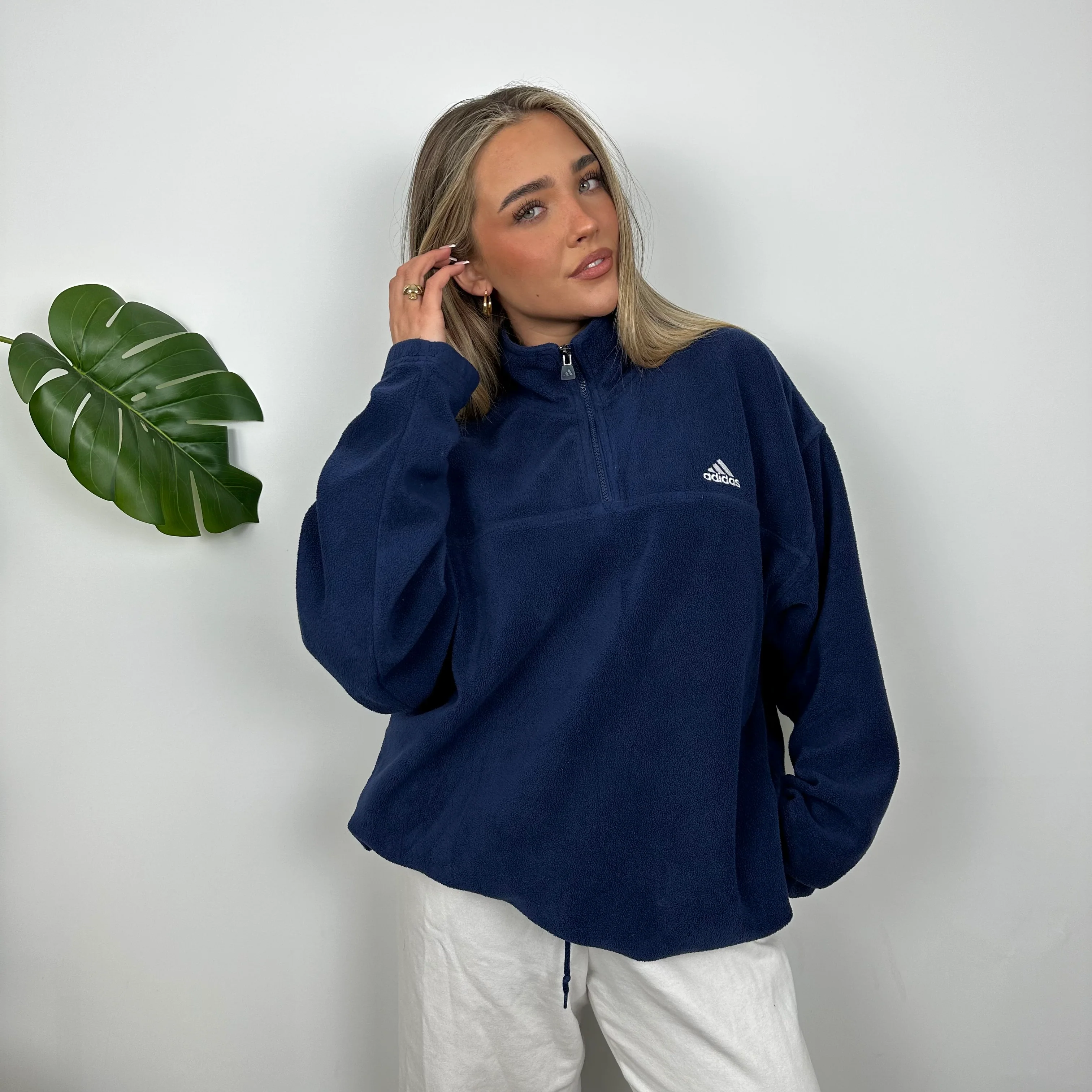 Adidas Navy Embroidered Spell Out Teddy Bear Fleece Quarter Zip Sweatshirt (XL) - Image 5
