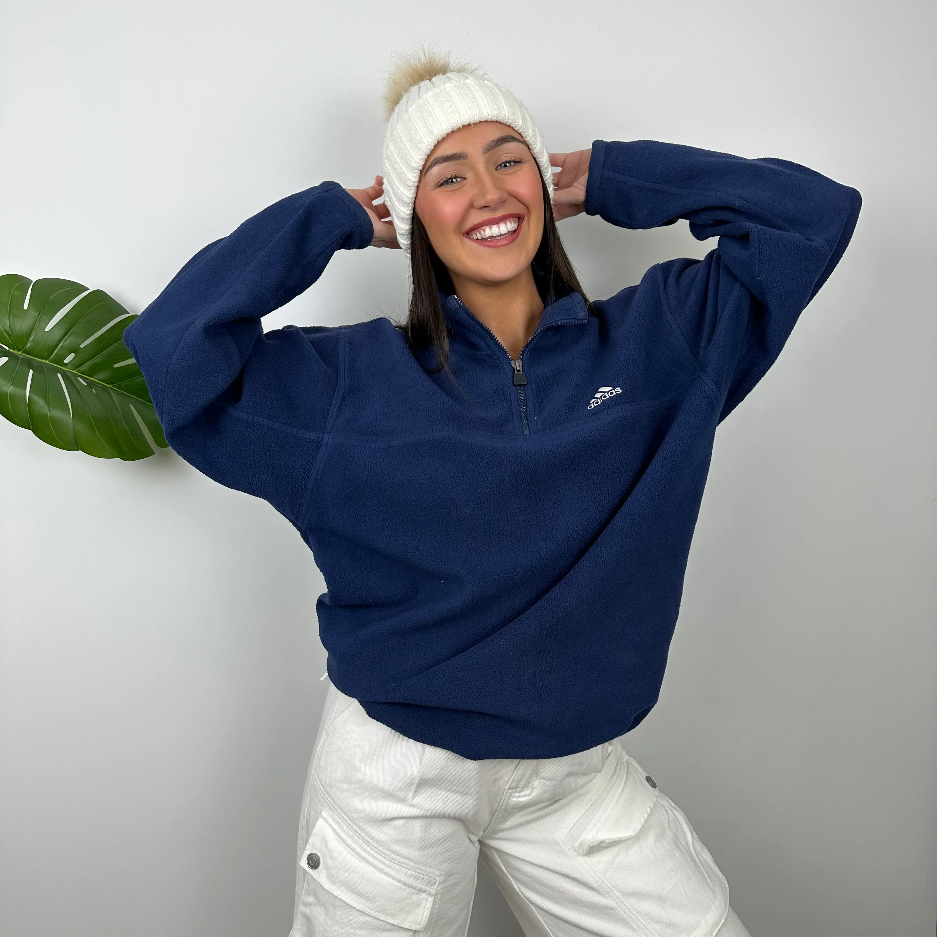 Adidas Navy Embroidered Spell Out Teddy Bear Fleece Quarter Zip Sweatshirt (XL) - Image 2