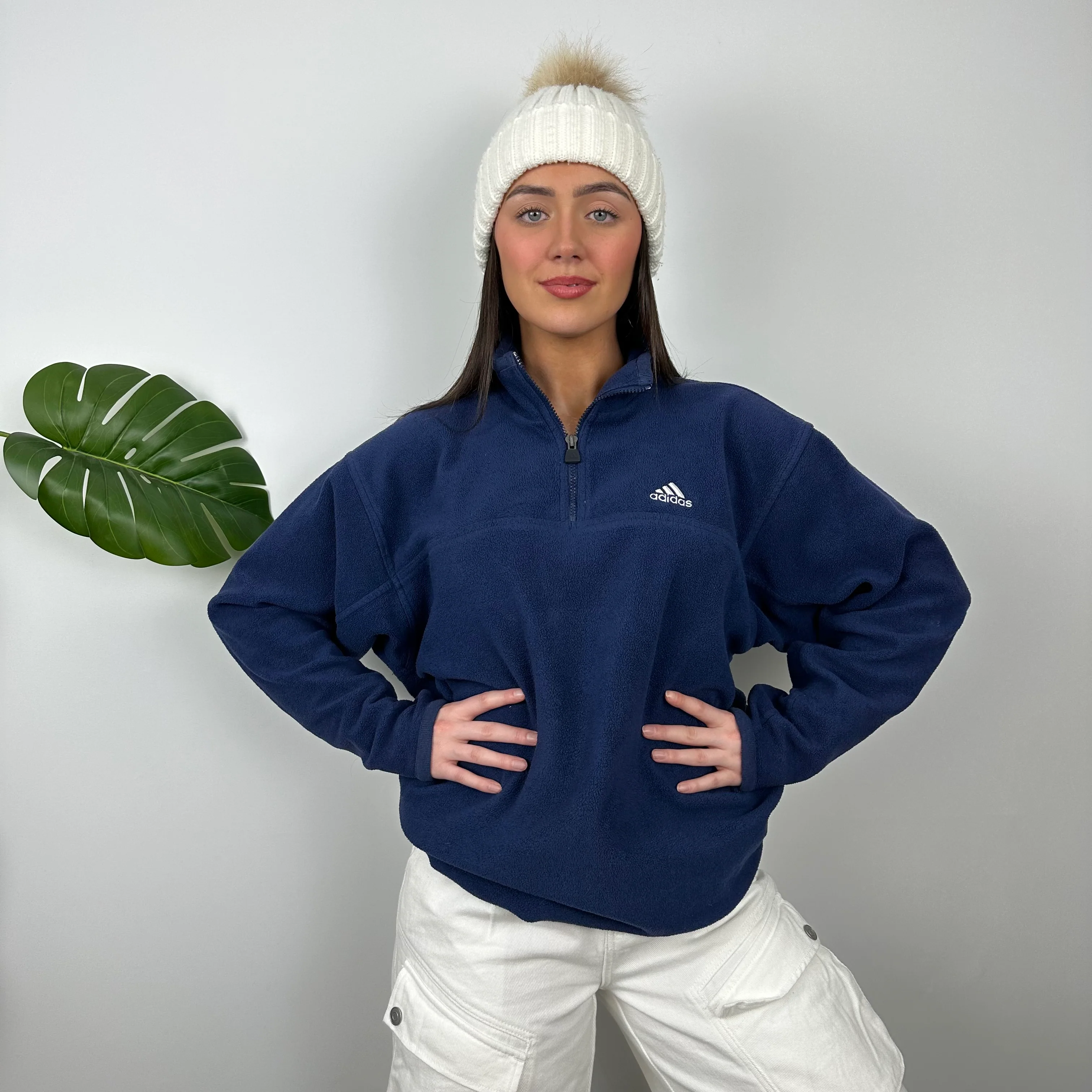 Adidas Navy Embroidered Spell Out Teddy Bear Fleece Quarter Zip Sweatshirt (XL) - Image 4