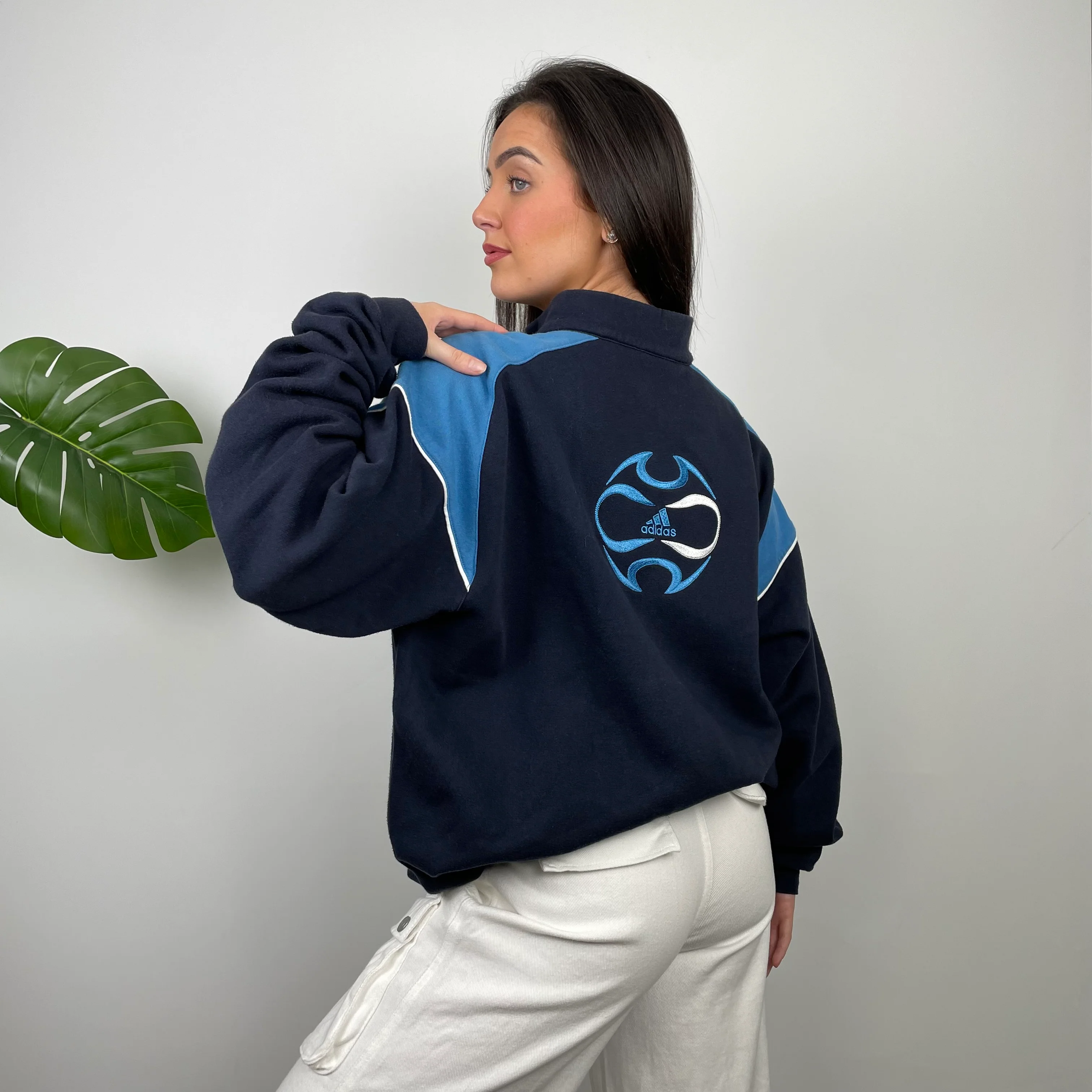 Adidas Navy Embroidered Spell Out Quarter Zip Sweatshirt (XL) - Image 2