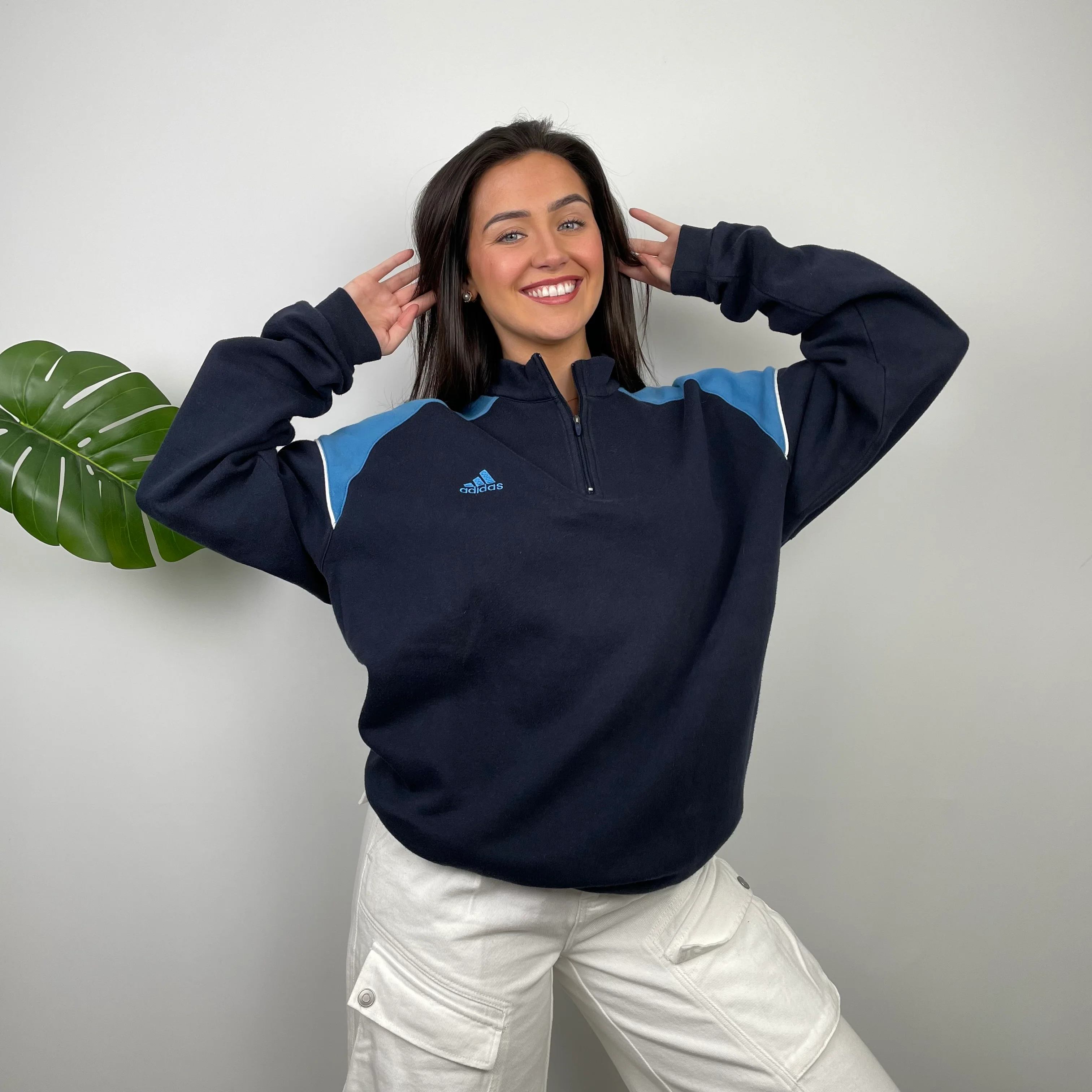 Adidas Navy Embroidered Spell Out Quarter Zip Sweatshirt (XL) - Image 3