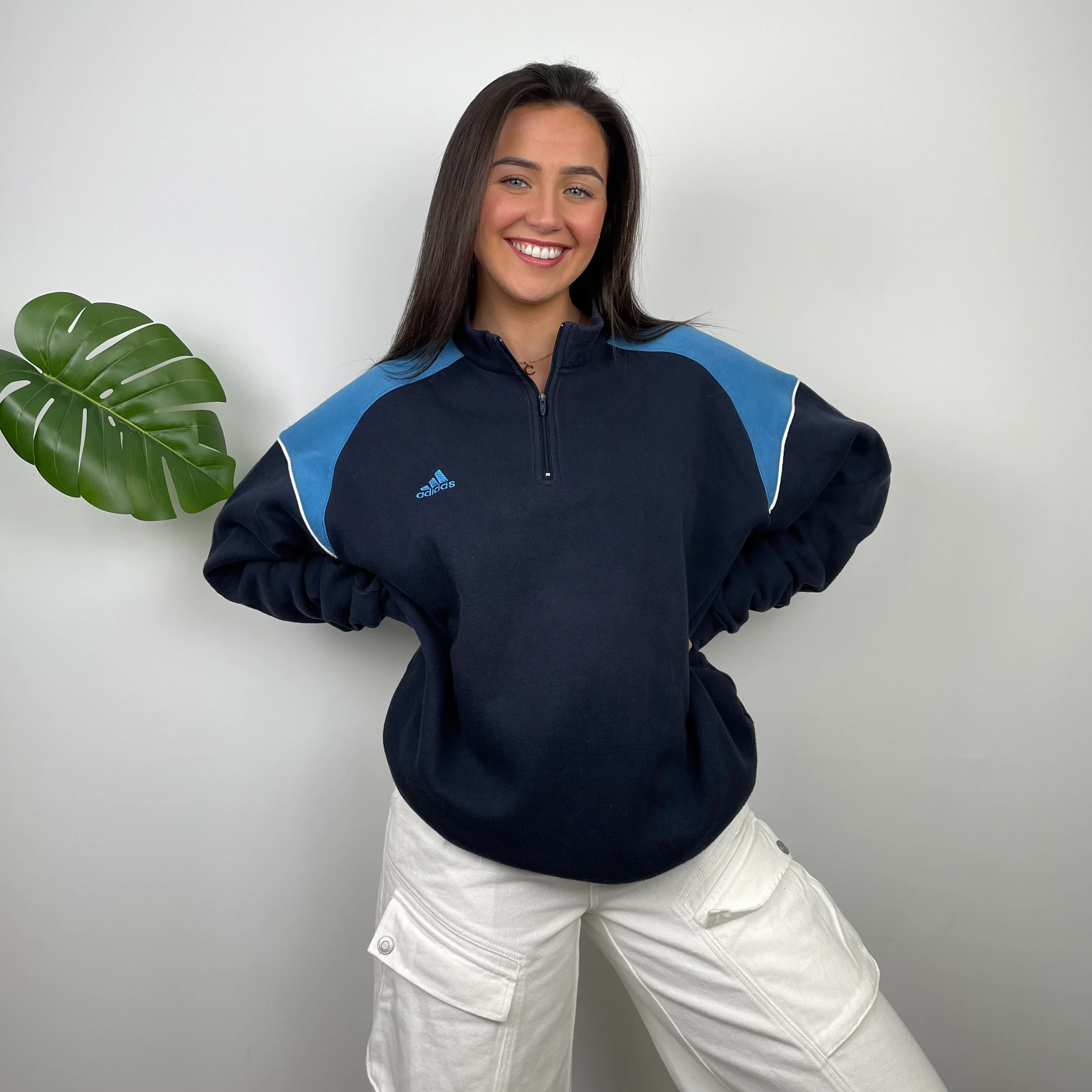 Adidas Navy Embroidered Spell Out Quarter Zip Sweatshirt (XL) - Image 4