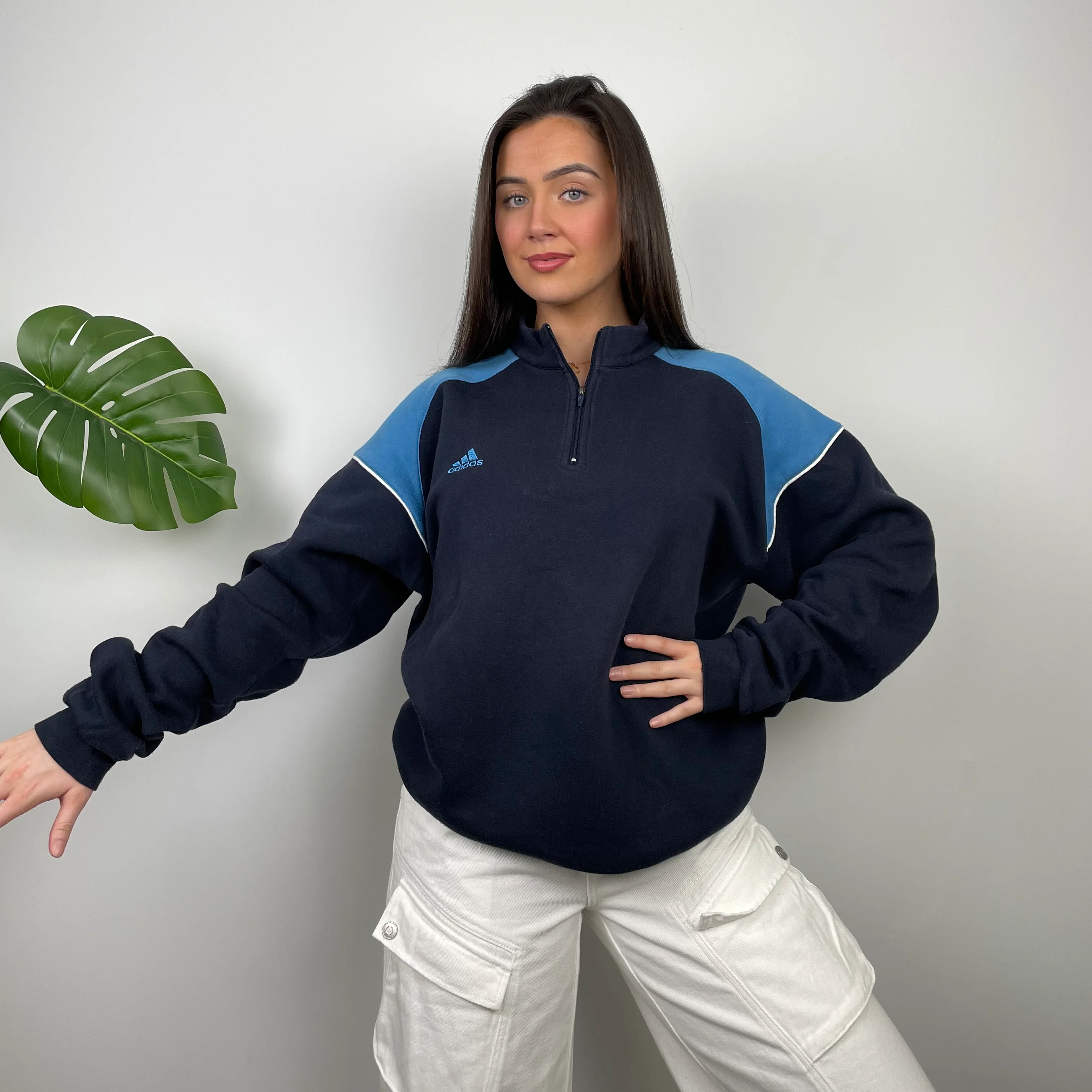 Adidas Navy Embroidered Spell Out Quarter Zip Sweatshirt (XL) - Image 7