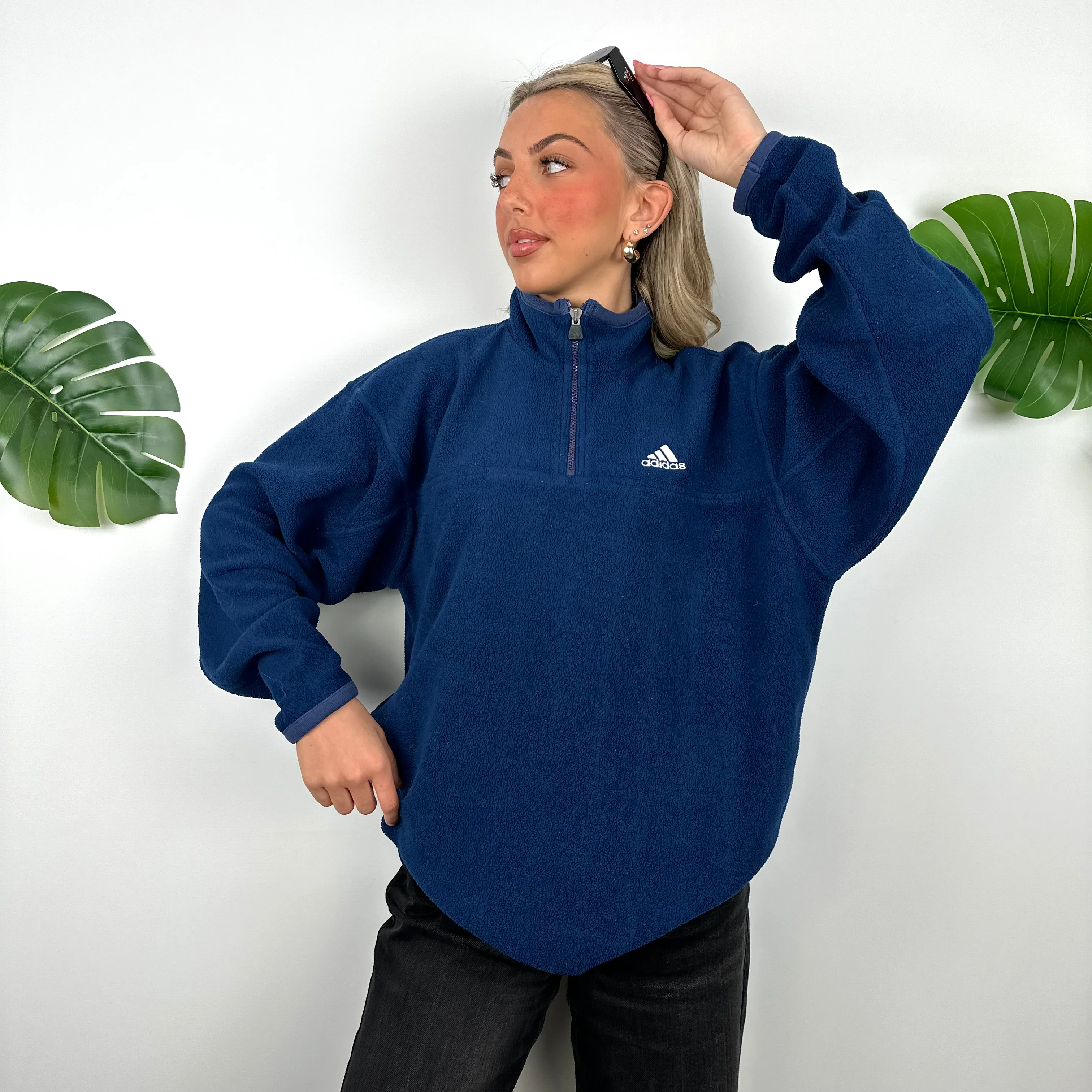 Adidas Navy Embroidered Spell Out Teddy Bear Fleece Quarter Zip Sweatshirt (M) - Image 3
