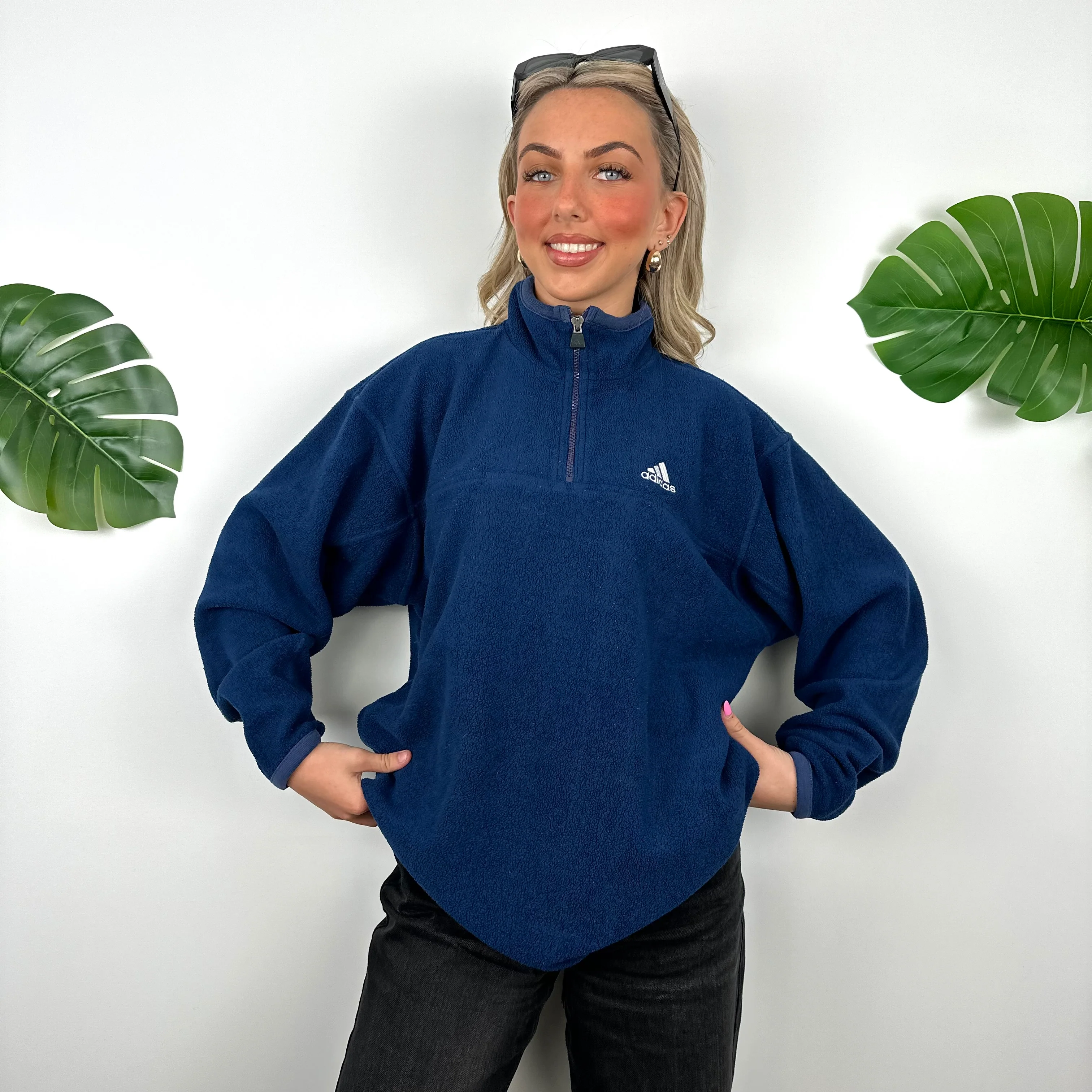 Adidas Navy Embroidered Spell Out Teddy Bear Fleece Quarter Zip Sweatshirt (M) - Image 4