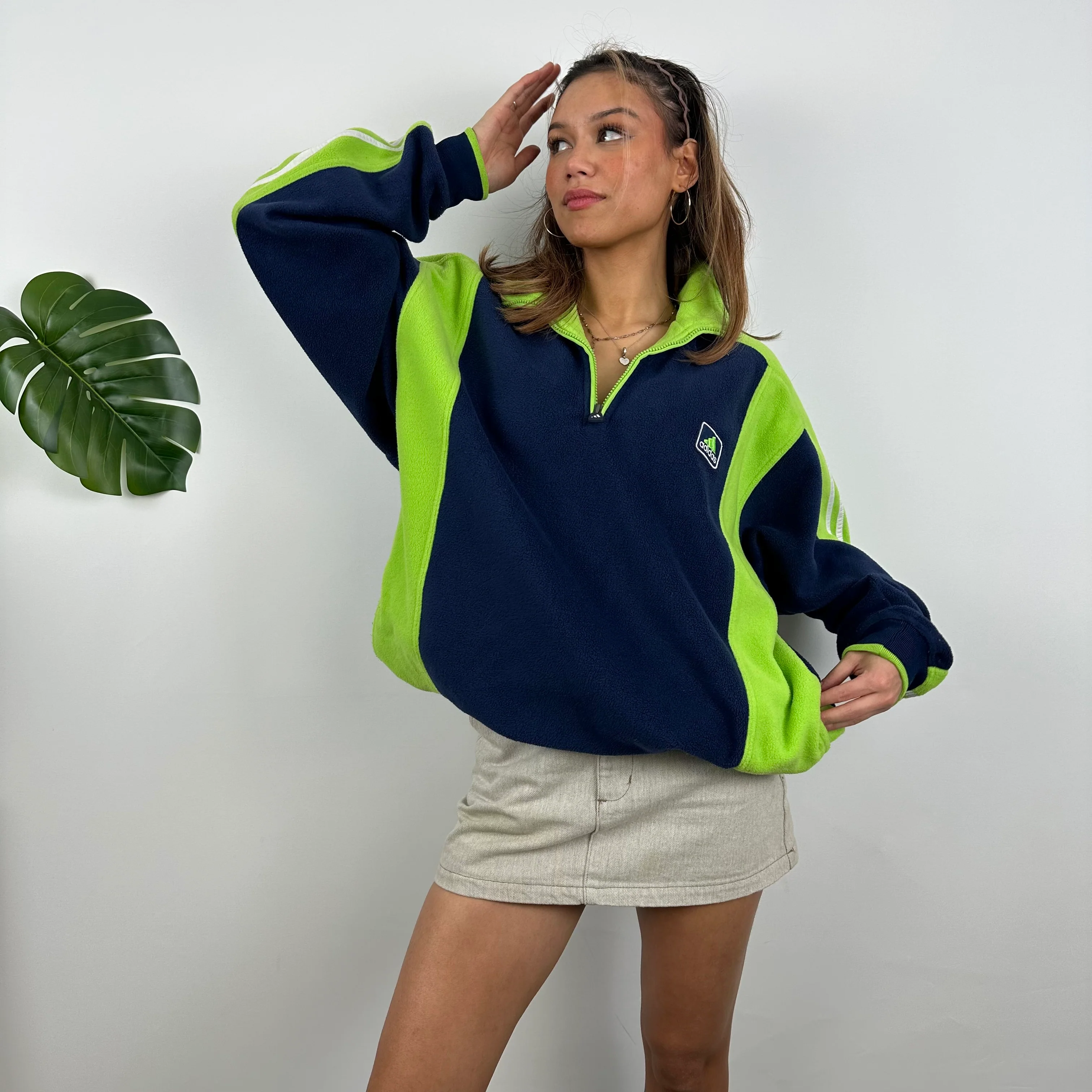 Adidas Navy Embroidered Spell Out Teddy Bear Fleece Quarter Zip Sweatshirt (L) - Image 3