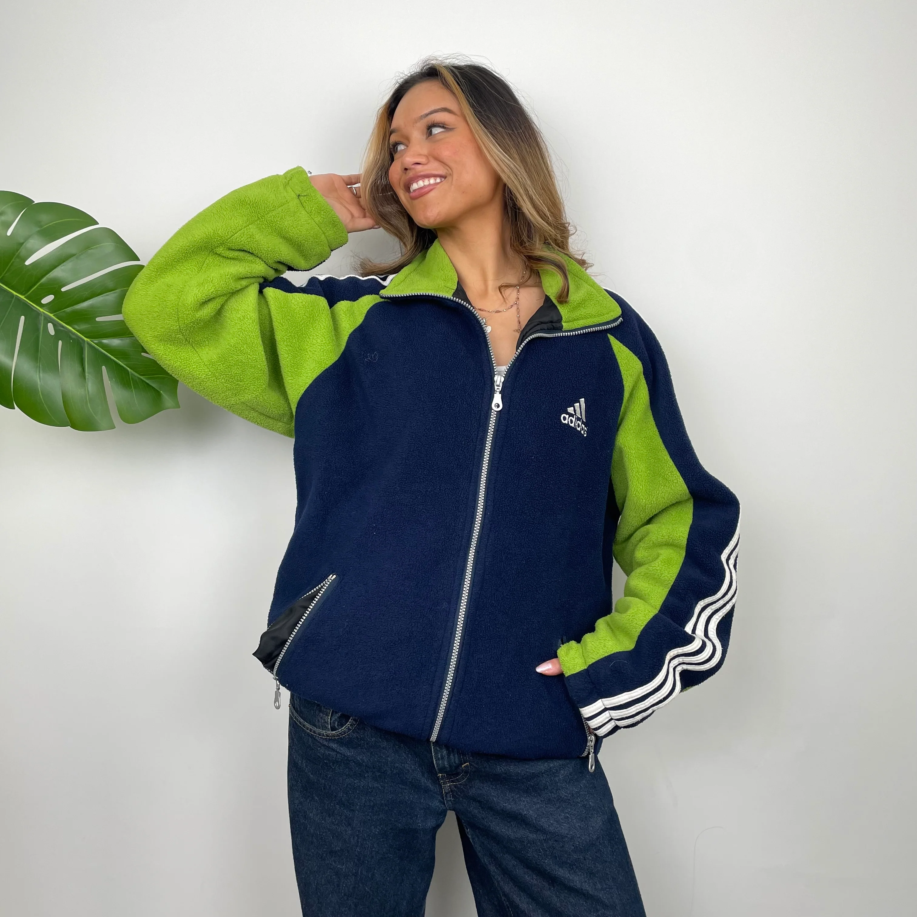 Adidas Navy Embroidered Spell Out Teddy Bear Fleece Zip Up Jacket (L) - Image 3