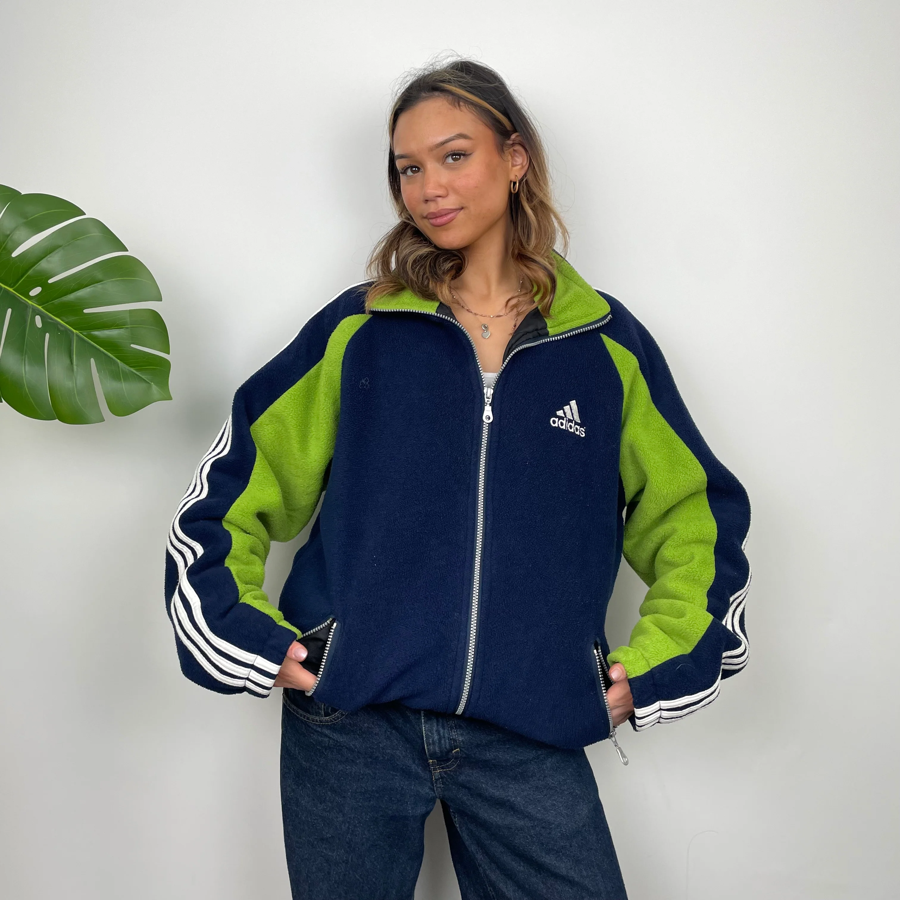 Adidas Navy Embroidered Spell Out Teddy Bear Fleece Zip Up Jacket (L) - Image 4