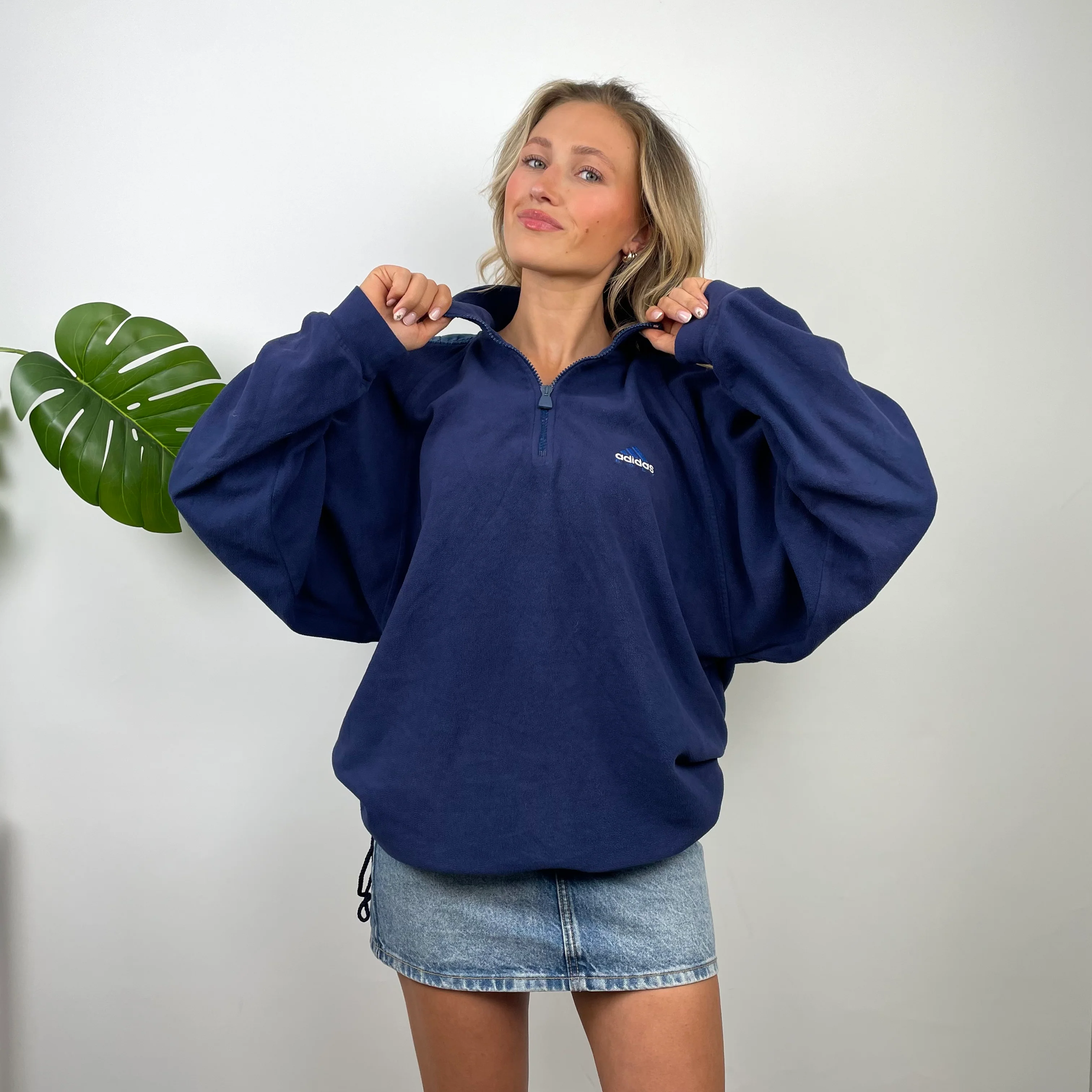 Adidas Navy Embroidered Spell Out Teddy Bear Fleece Quarter Zip Sweatshirt (M) - Image 3