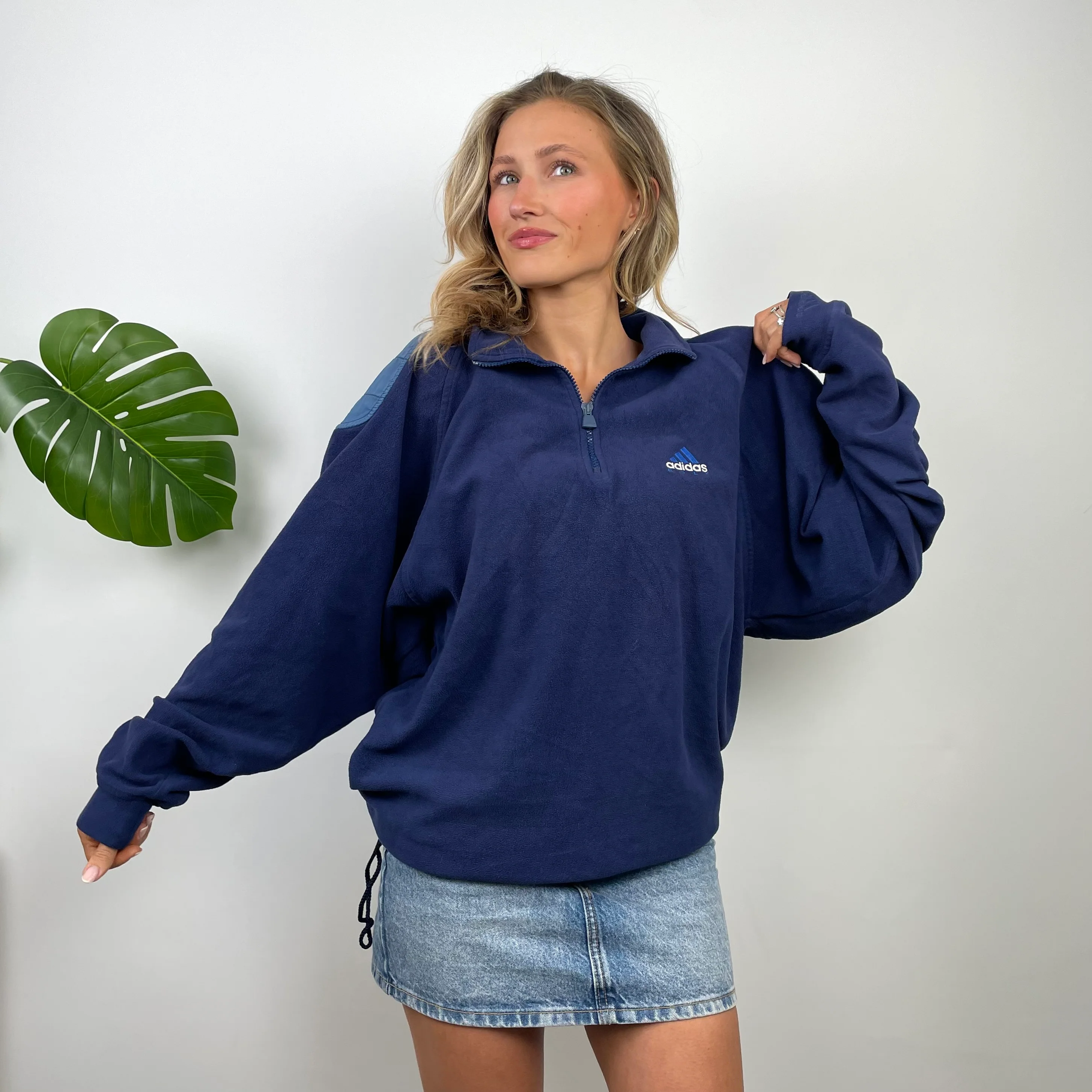 Adidas Navy Embroidered Spell Out Teddy Bear Fleece Quarter Zip Sweatshirt (M) - Image 4