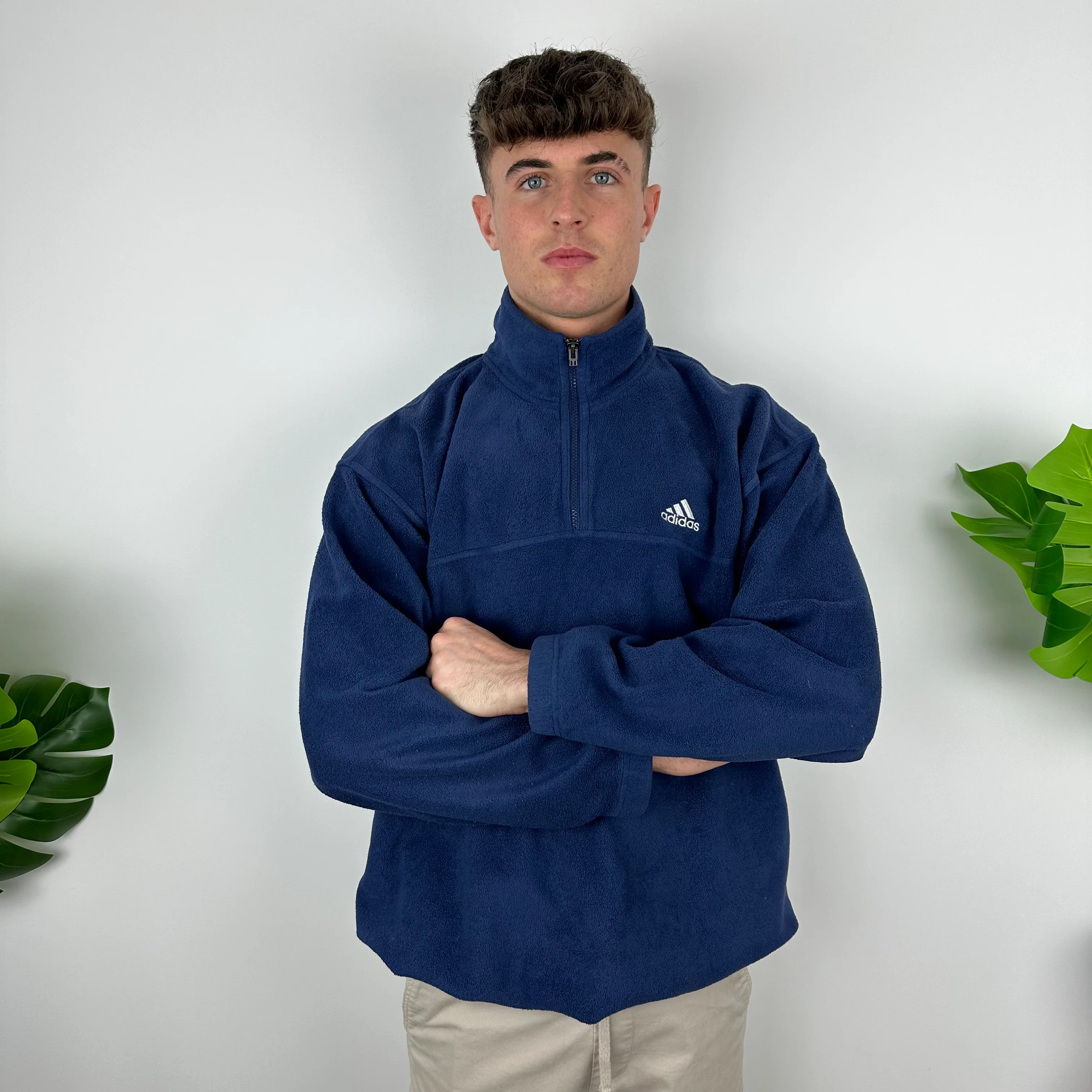 Adidas Navy Embroidered Spell Out Teddy Bear Fleece Quarter Zip Sweatshirt (L) - Image 3