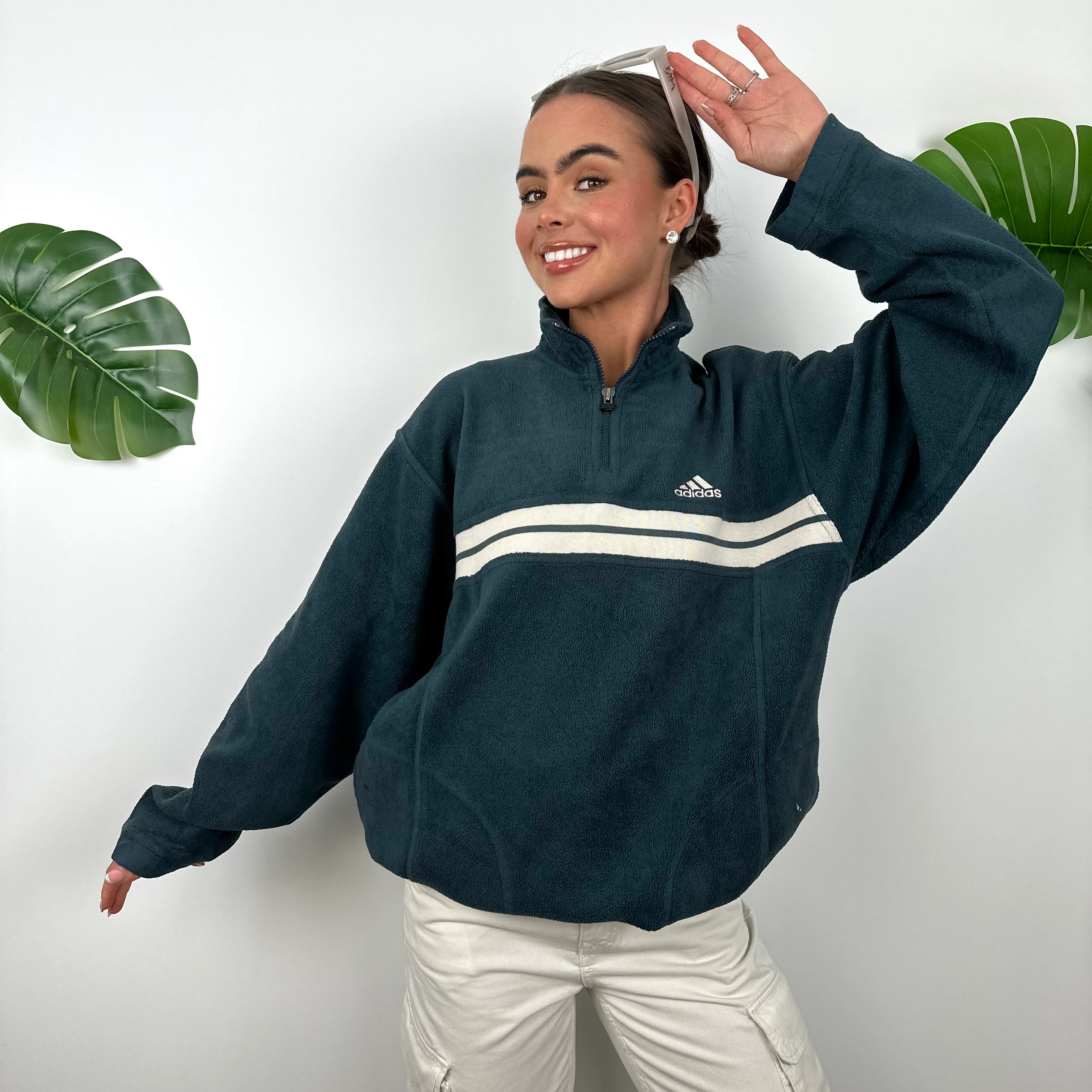 Adidas Turquoise Embroidered Spell Out Teddy Bear Fleece Quarter Zip Sweatshirt (M) - Image 2
