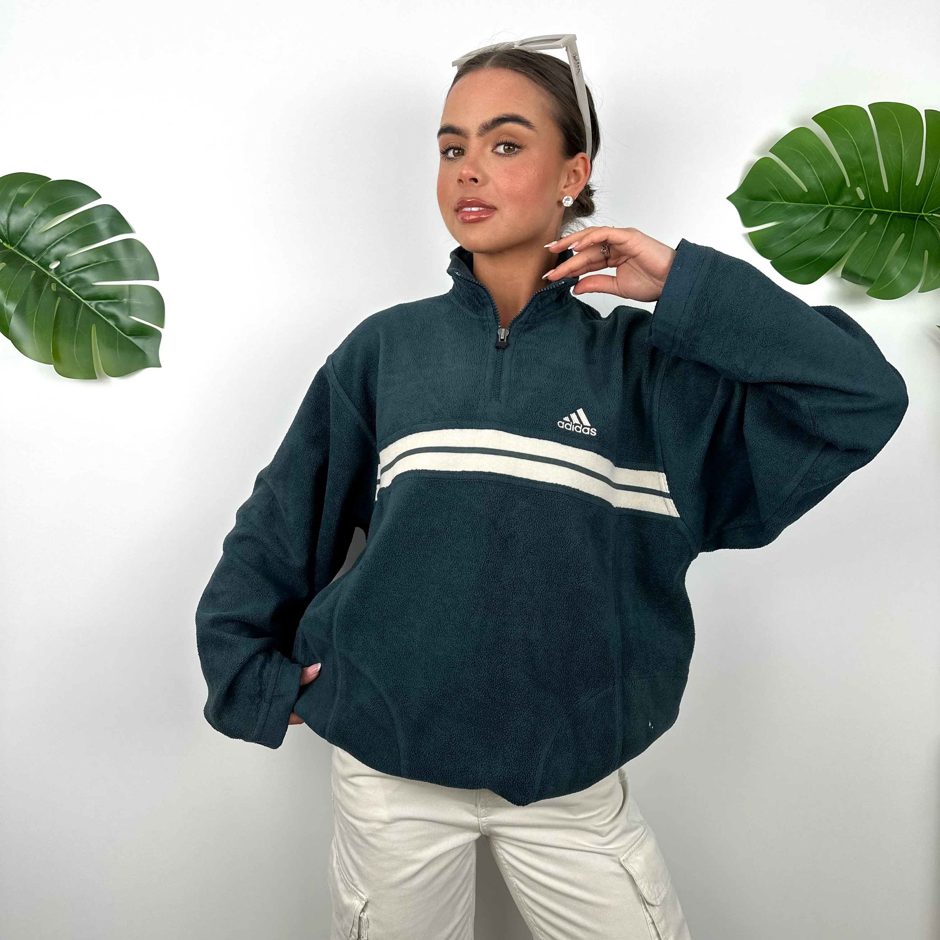 Adidas Turquoise Embroidered Spell Out Teddy Bear Fleece Quarter Zip Sweatshirt (M) - Image 6