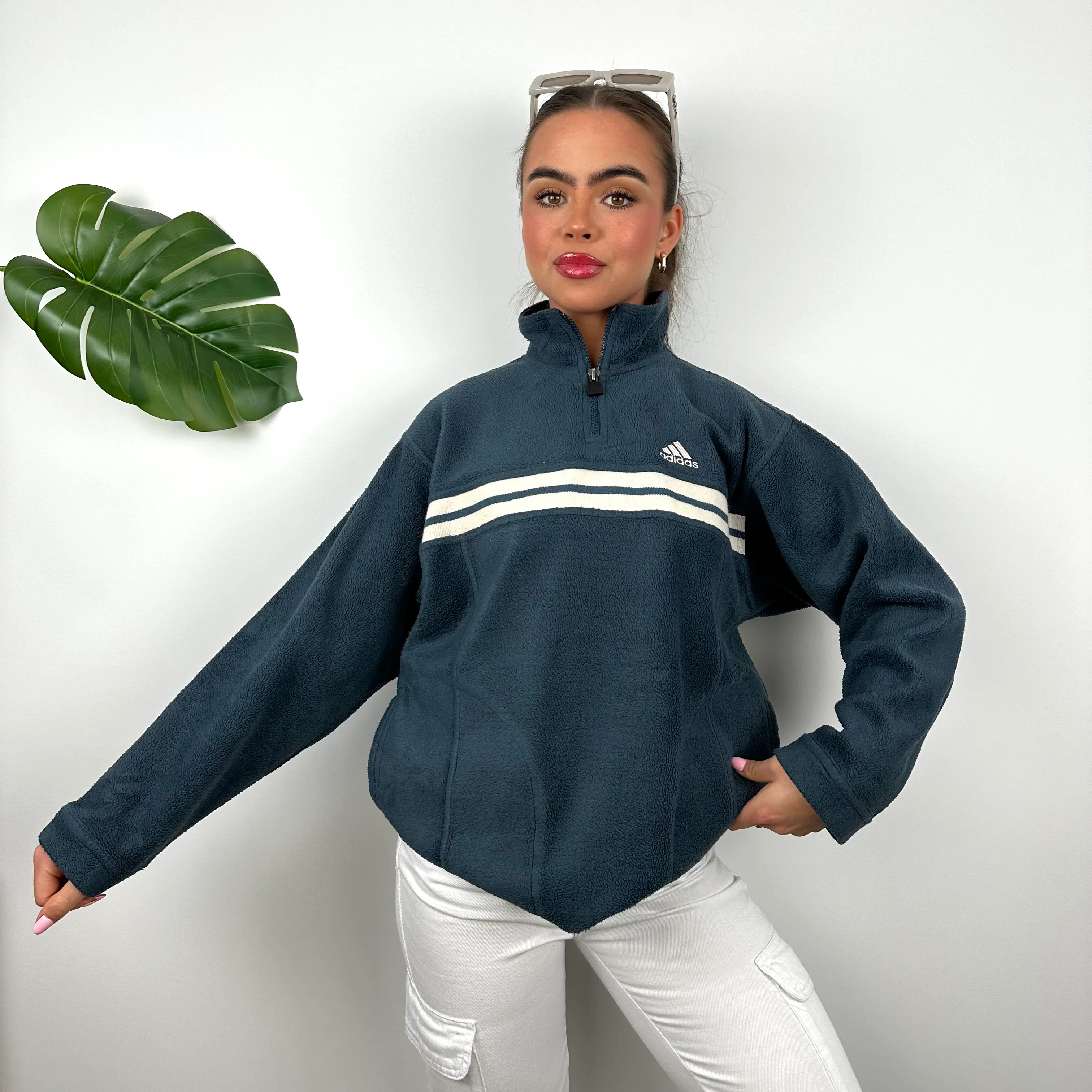 Adidas Teal Green Embroidered Spell Out Teddy Bear Fleece Quarter Zip Sweatshirt (M) - Image 5