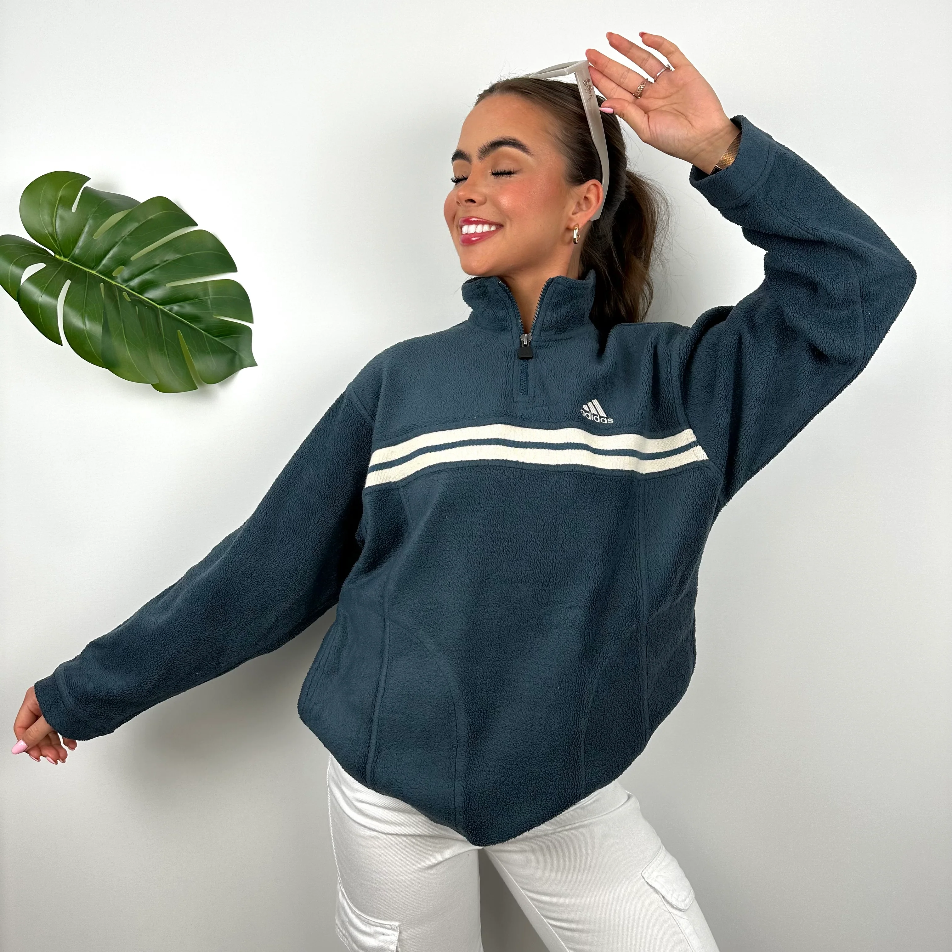 Adidas Teal Green Embroidered Spell Out Teddy Bear Fleece Quarter Zip Sweatshirt (M) - Image 6