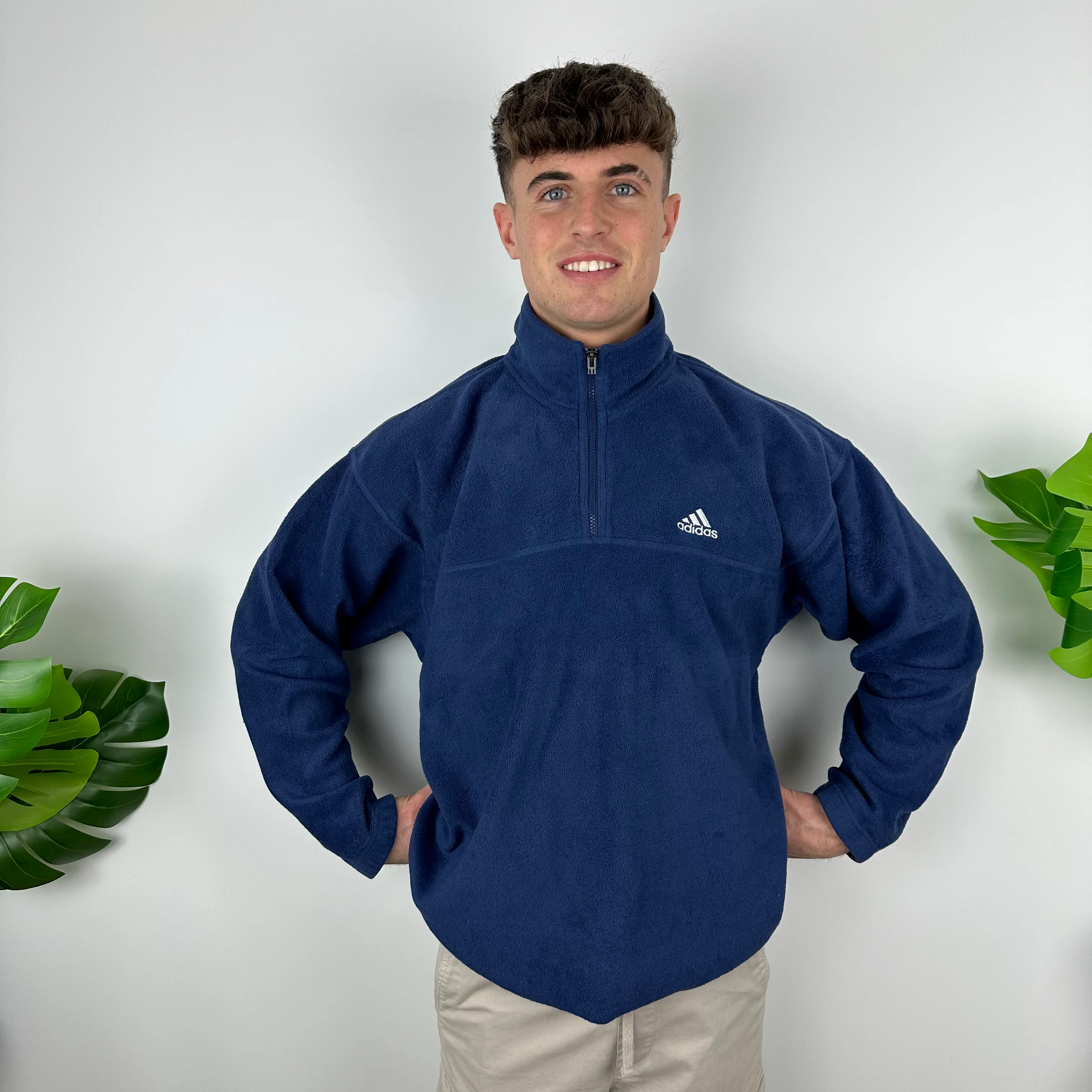 Adidas Navy Embroidered Spell Out Teddy Bear Fleece Quarter Zip Sweatshirt (L) - Image 5