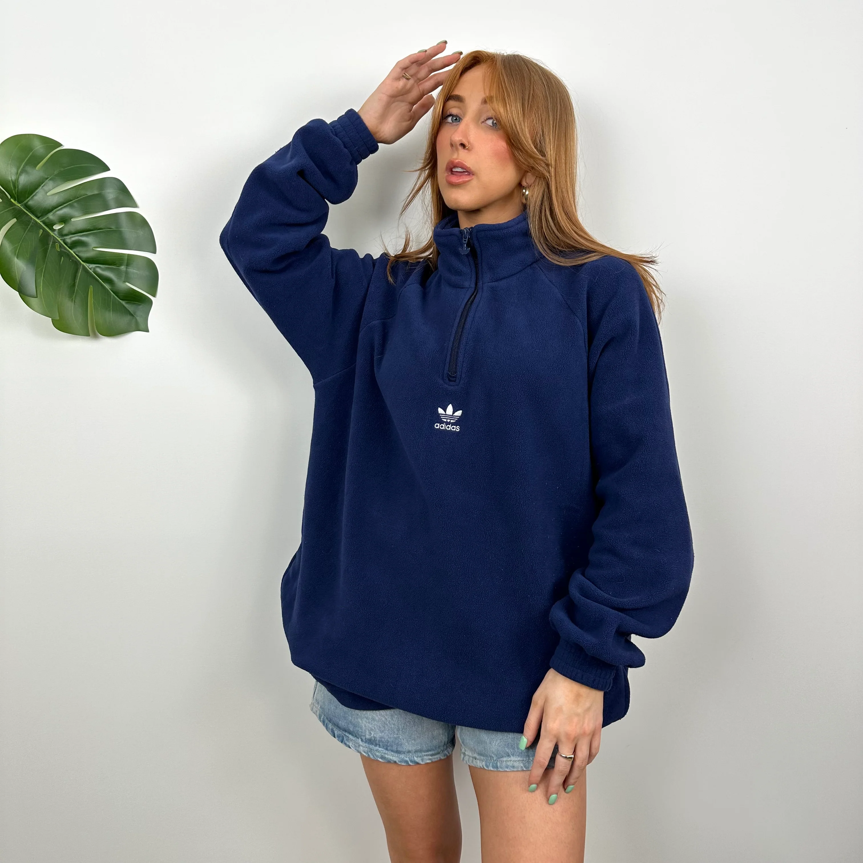 Adidas Navy Embroidered Spell Out Teddy Bear Fleece Quarter Zip Sweatshirt (L) - Image 4