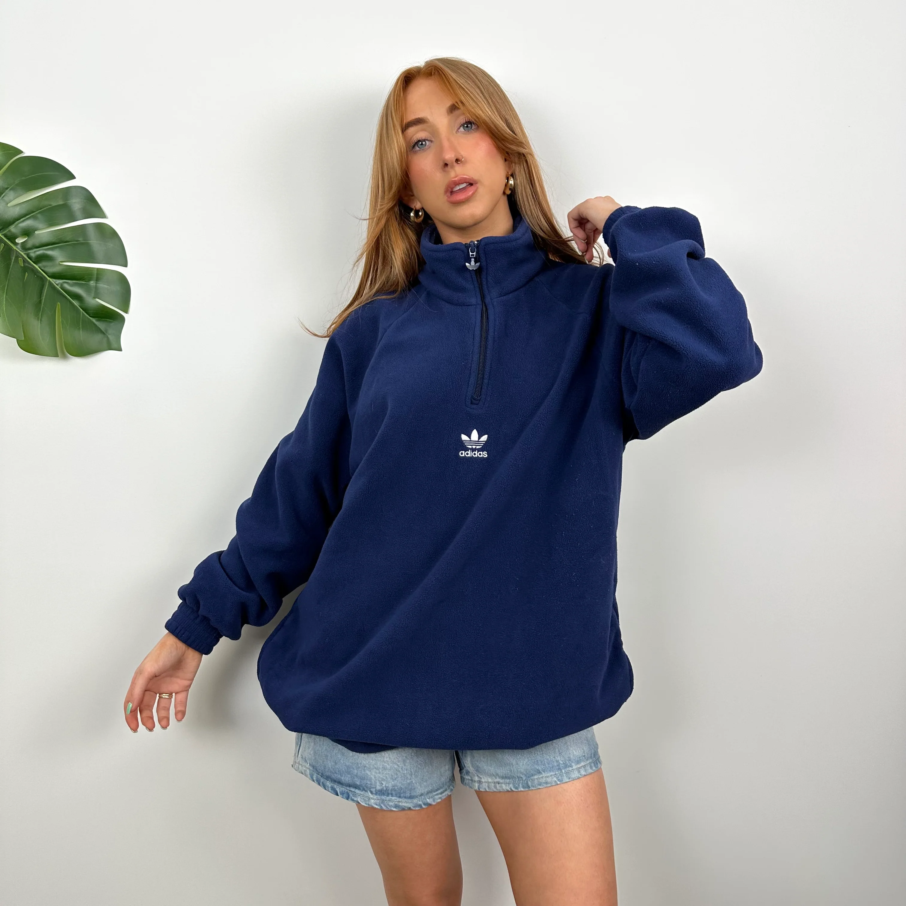 Adidas Navy Embroidered Spell Out Teddy Bear Fleece Quarter Zip Sweatshirt (L) - Image 5