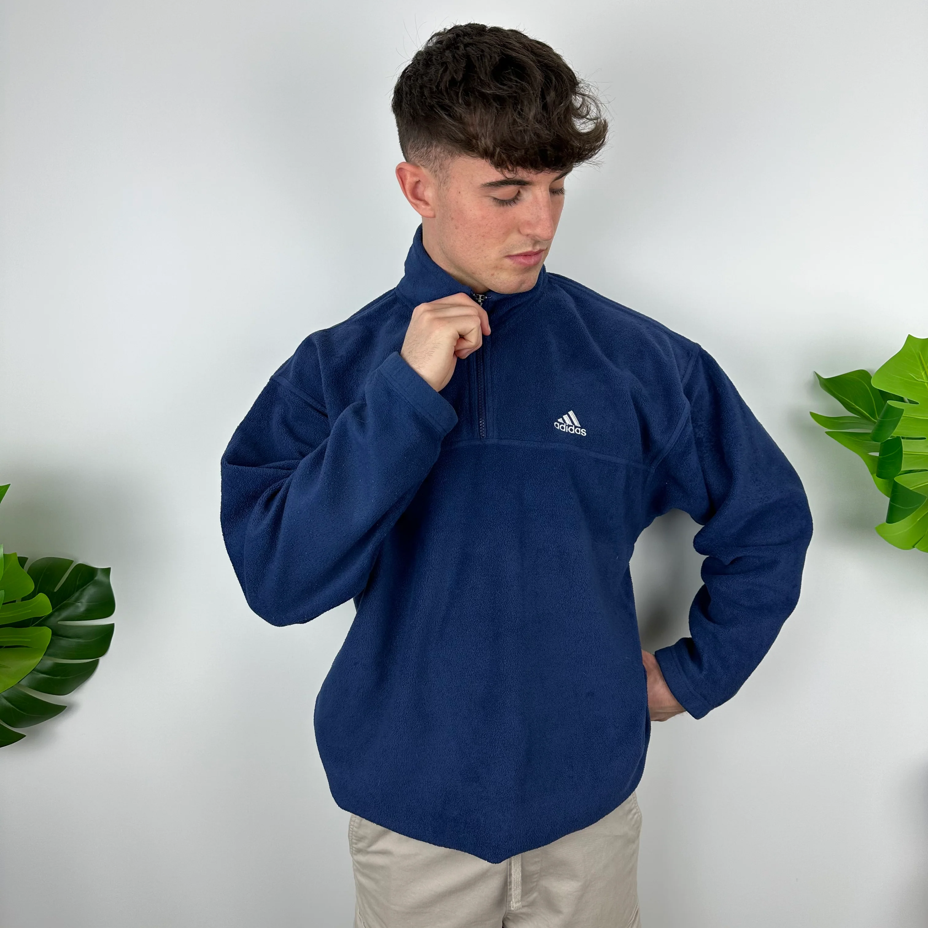 Adidas Navy Embroidered Spell Out Teddy Bear Fleece Quarter Zip Sweatshirt (L) - Image 6