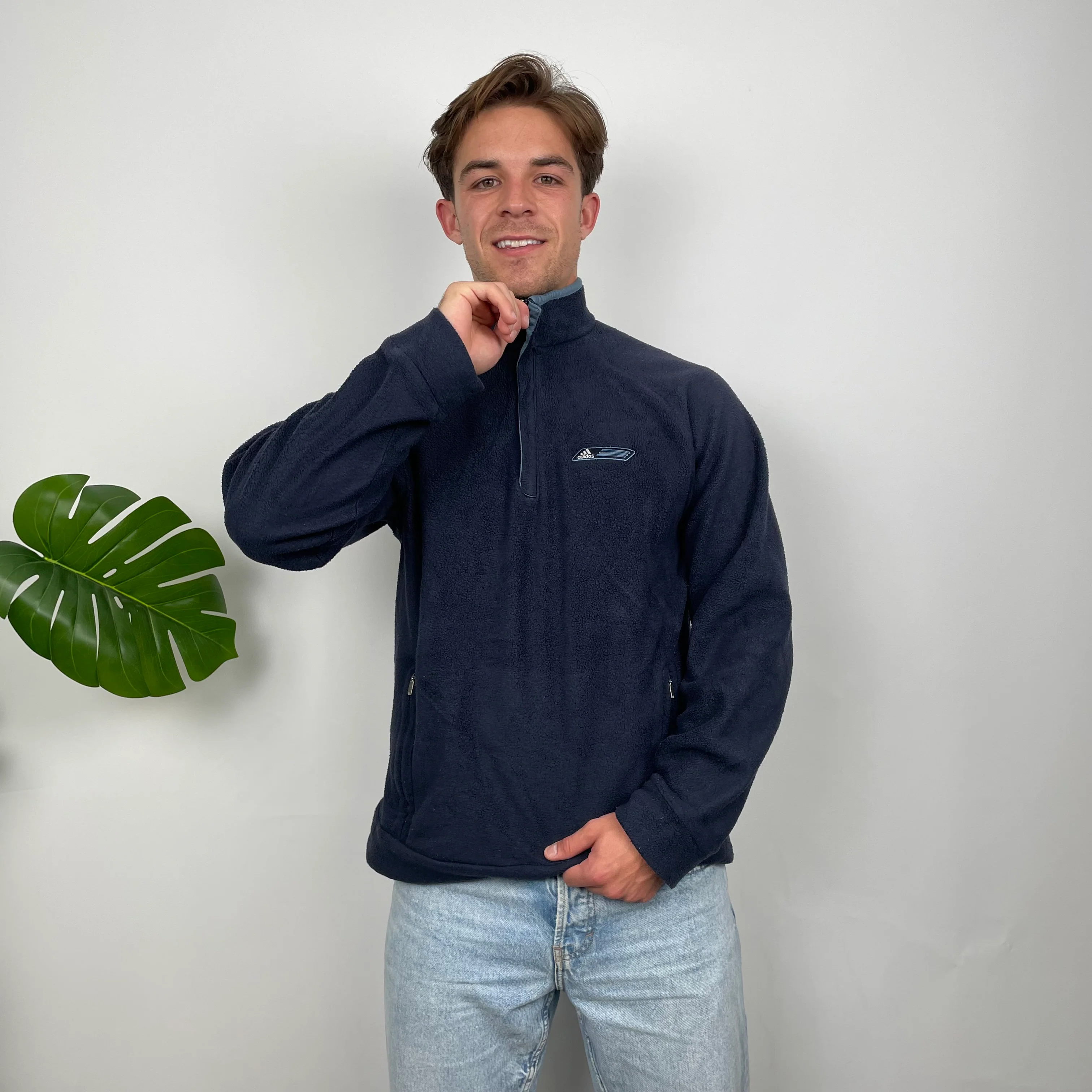 Adidas Navy Embroidered Spell Out Teddy Bear Fleece Quarter Zip Sweatshirt (M) - Image 3