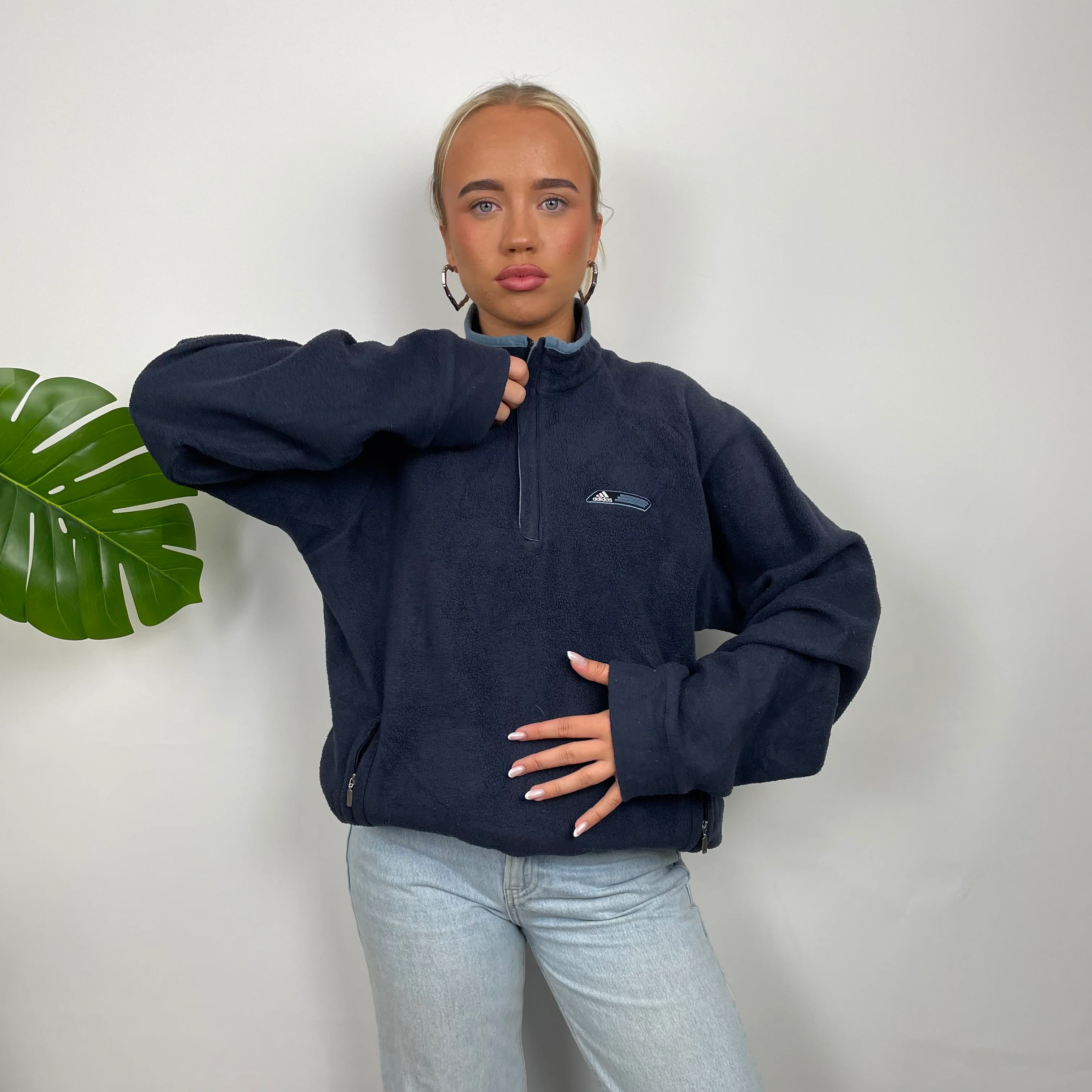 Adidas Navy Embroidered Spell Out Teddy Bear Fleece Quarter Zip Sweatshirt (M) - Image 2