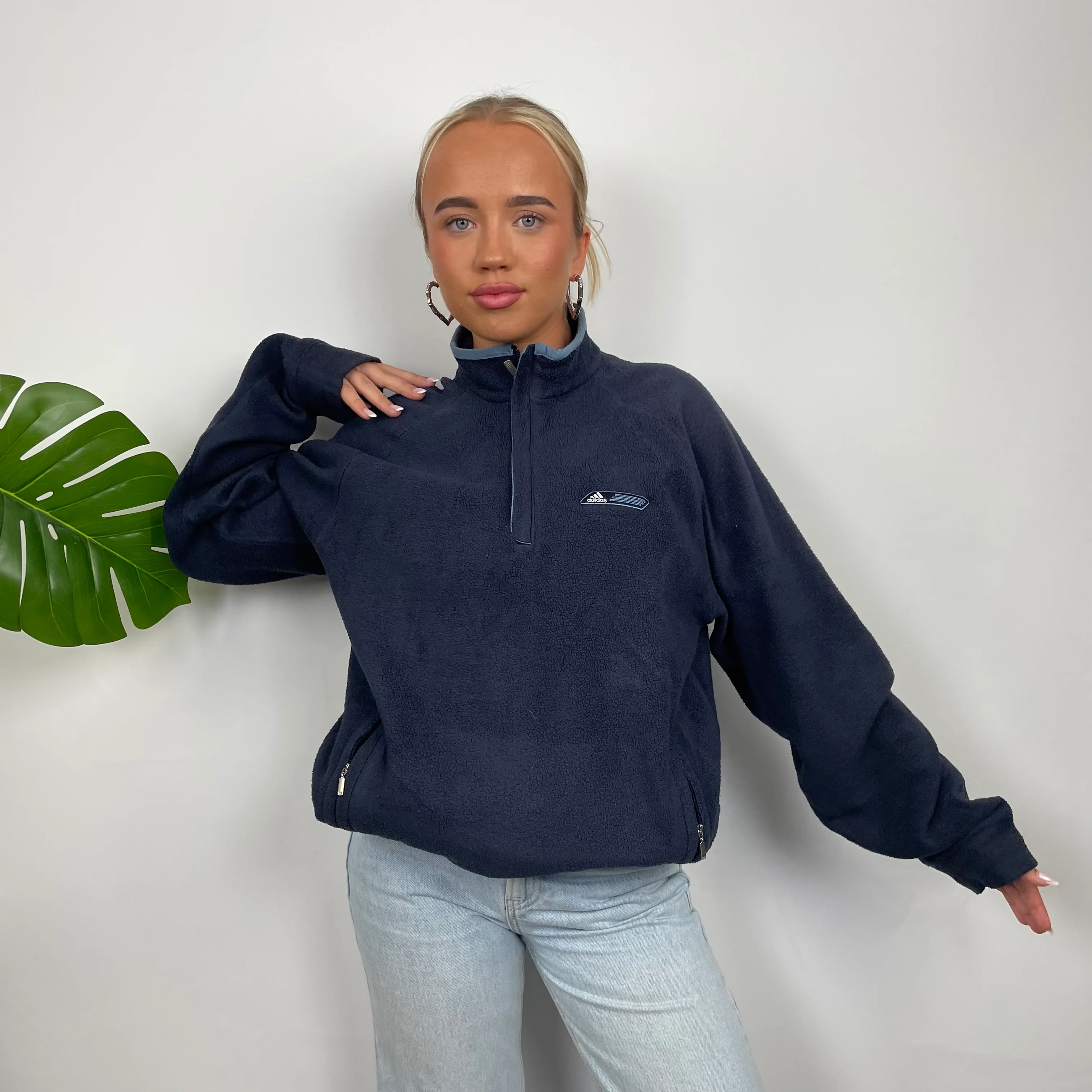 Adidas Navy Embroidered Spell Out Teddy Bear Fleece Quarter Zip Sweatshirt (M) - Image 6