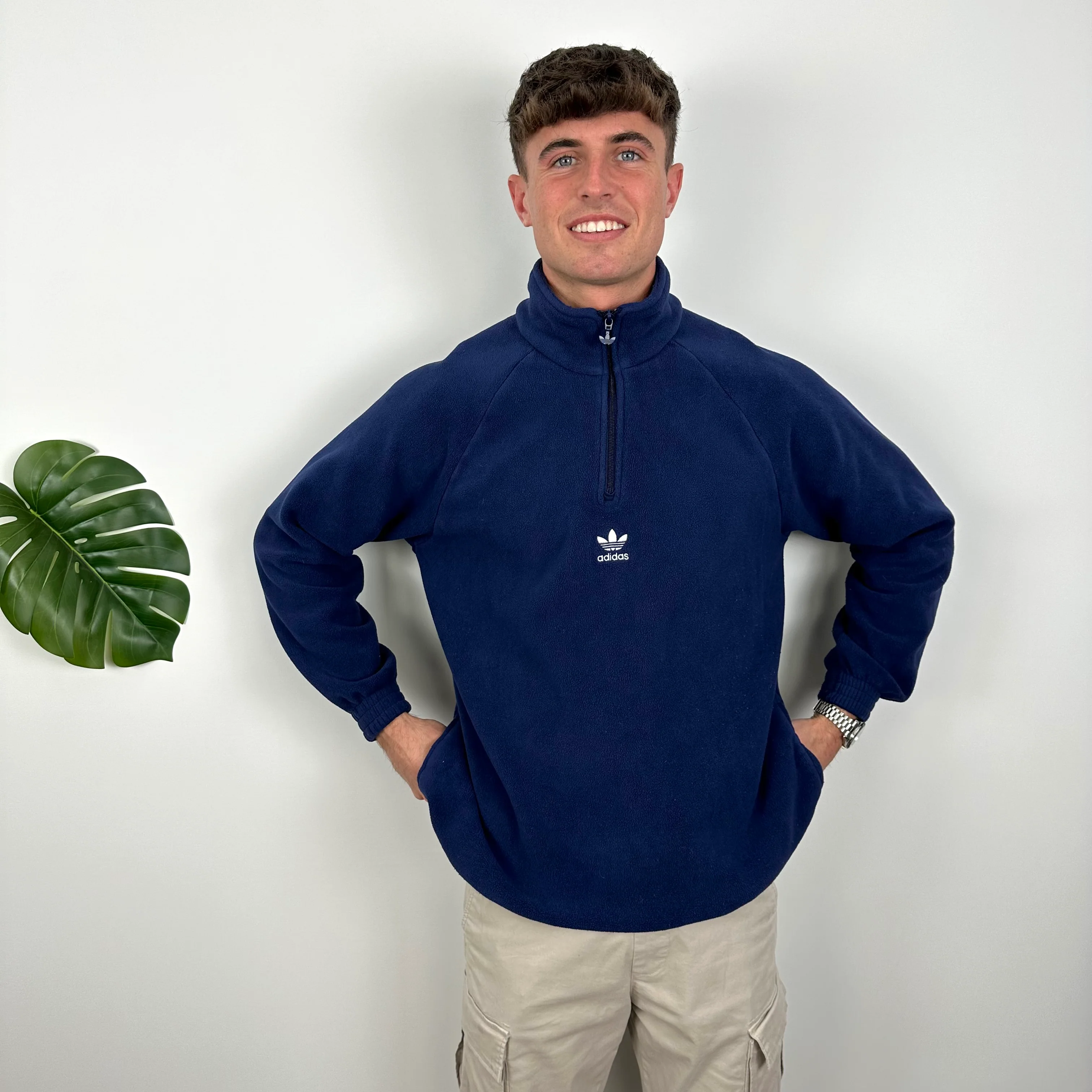 Adidas Navy Embroidered Spell Out Teddy Bear Fleece Quarter Zip Sweatshirt (L) - Image 2