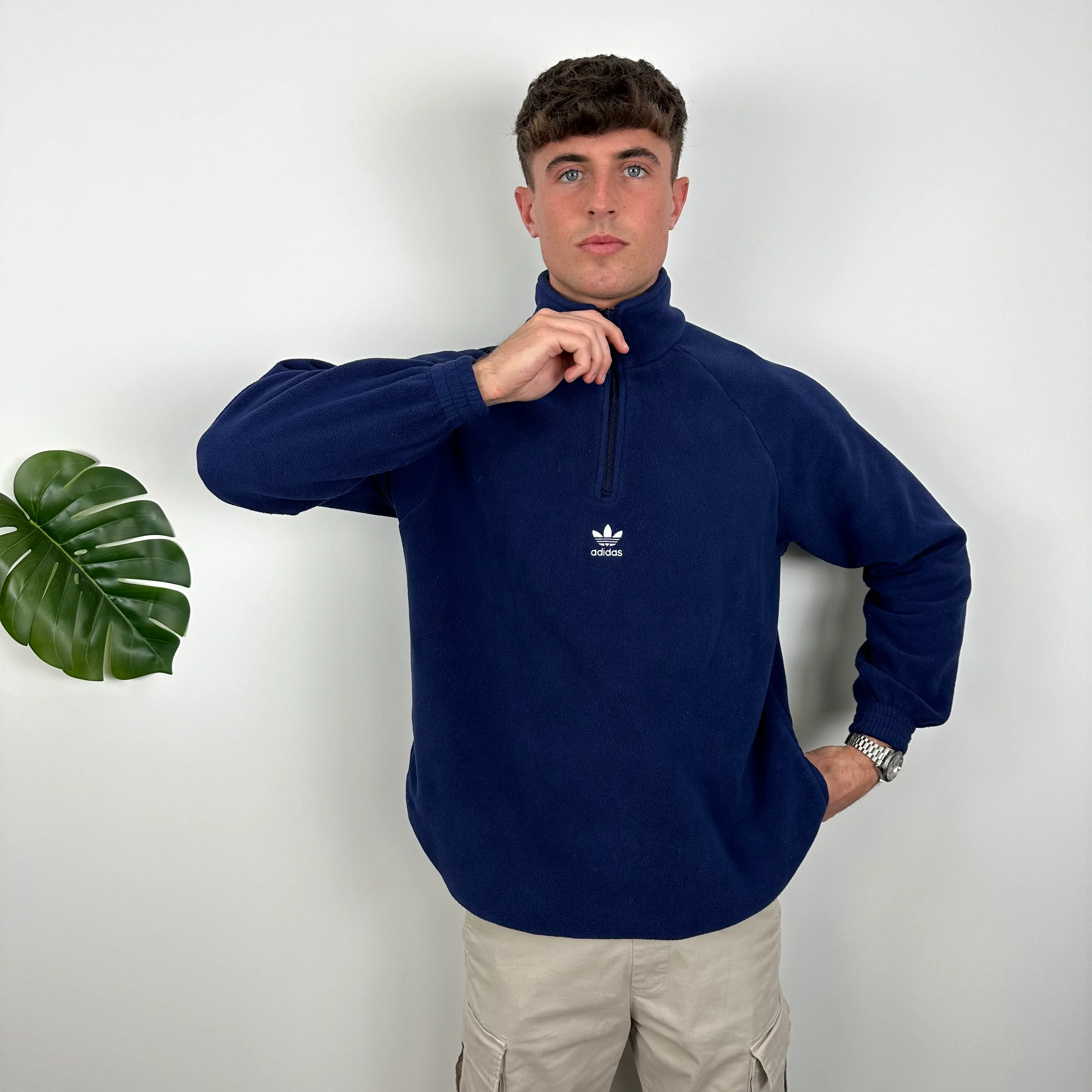 Adidas Navy Embroidered Spell Out Teddy Bear Fleece Quarter Zip Sweatshirt (L) - Image 4