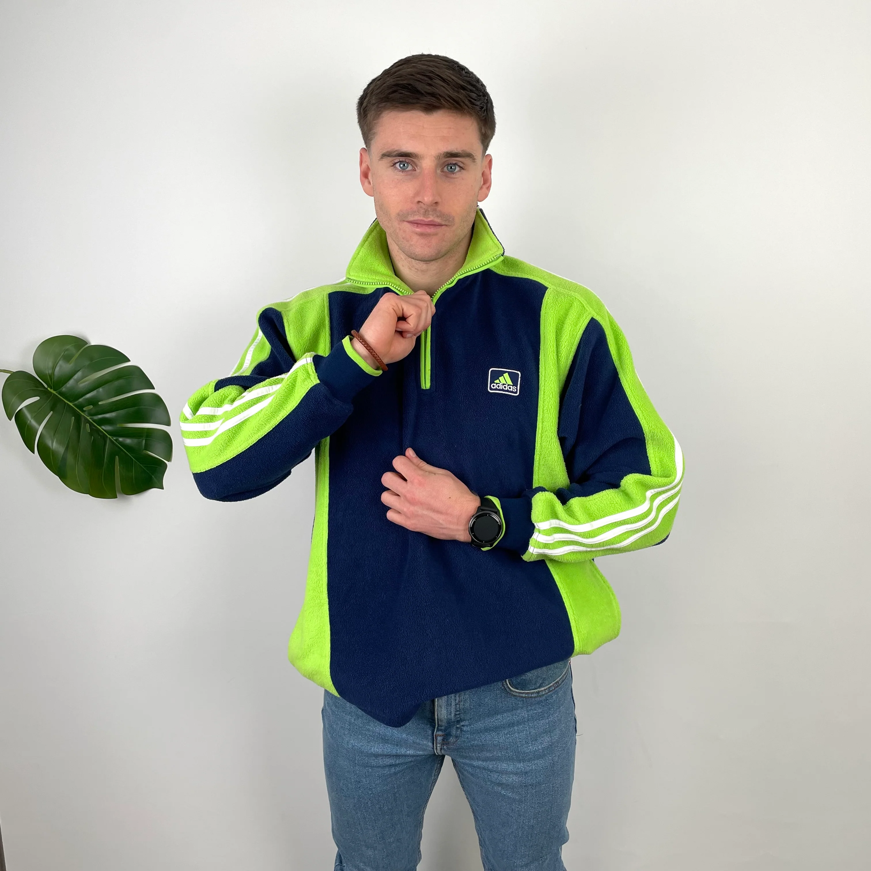 Adidas Navy Embroidered Spell Out Teddy Bear Fleece Quarter Zip Sweatshirt (L)