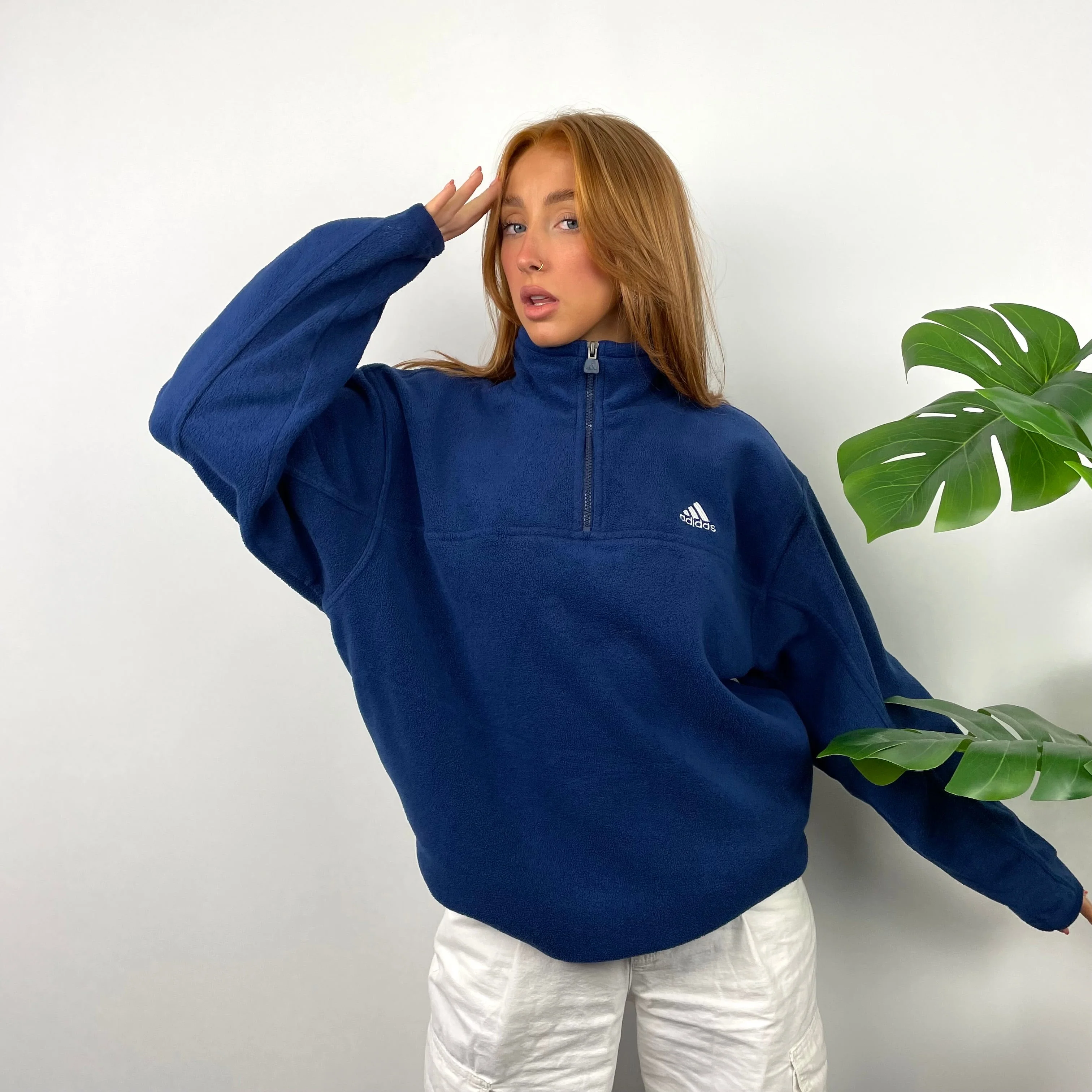 Adidas Navy Embroidered Spell Out Teddy Bear Fleece Quarter Zip Sweatshirt (L) - Image 2