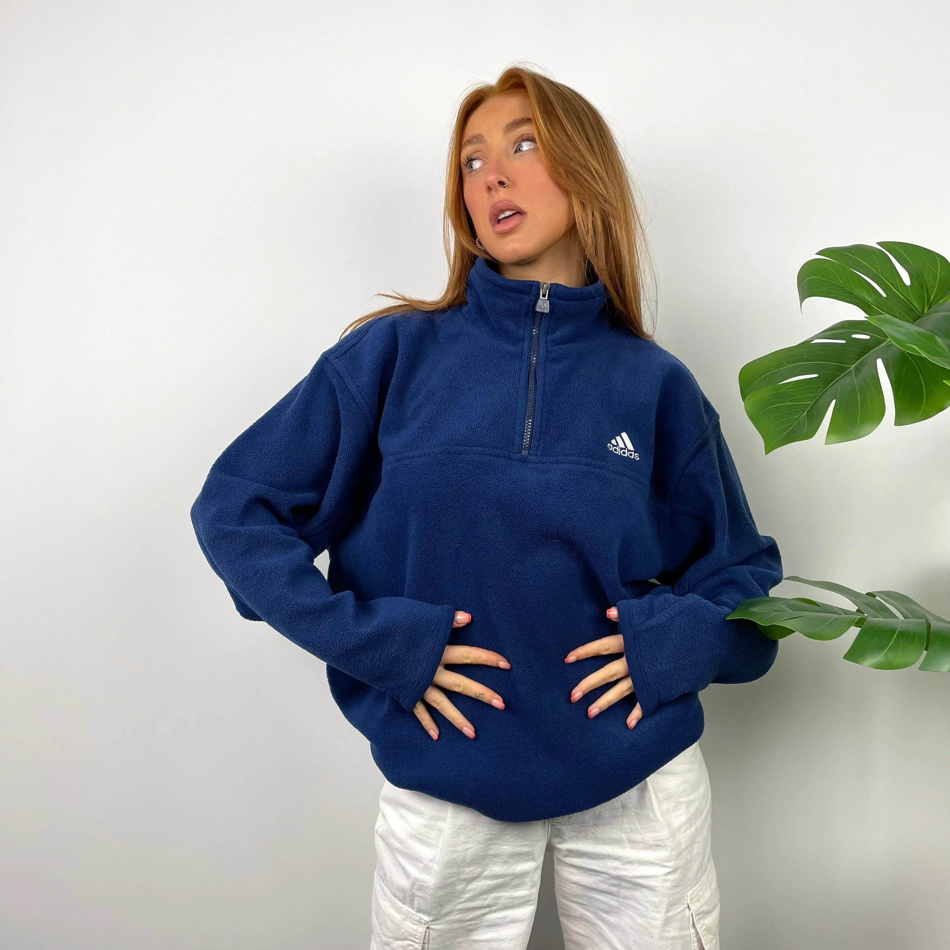 Adidas Navy Embroidered Spell Out Teddy Bear Fleece Quarter Zip Sweatshirt (L) - Image 3