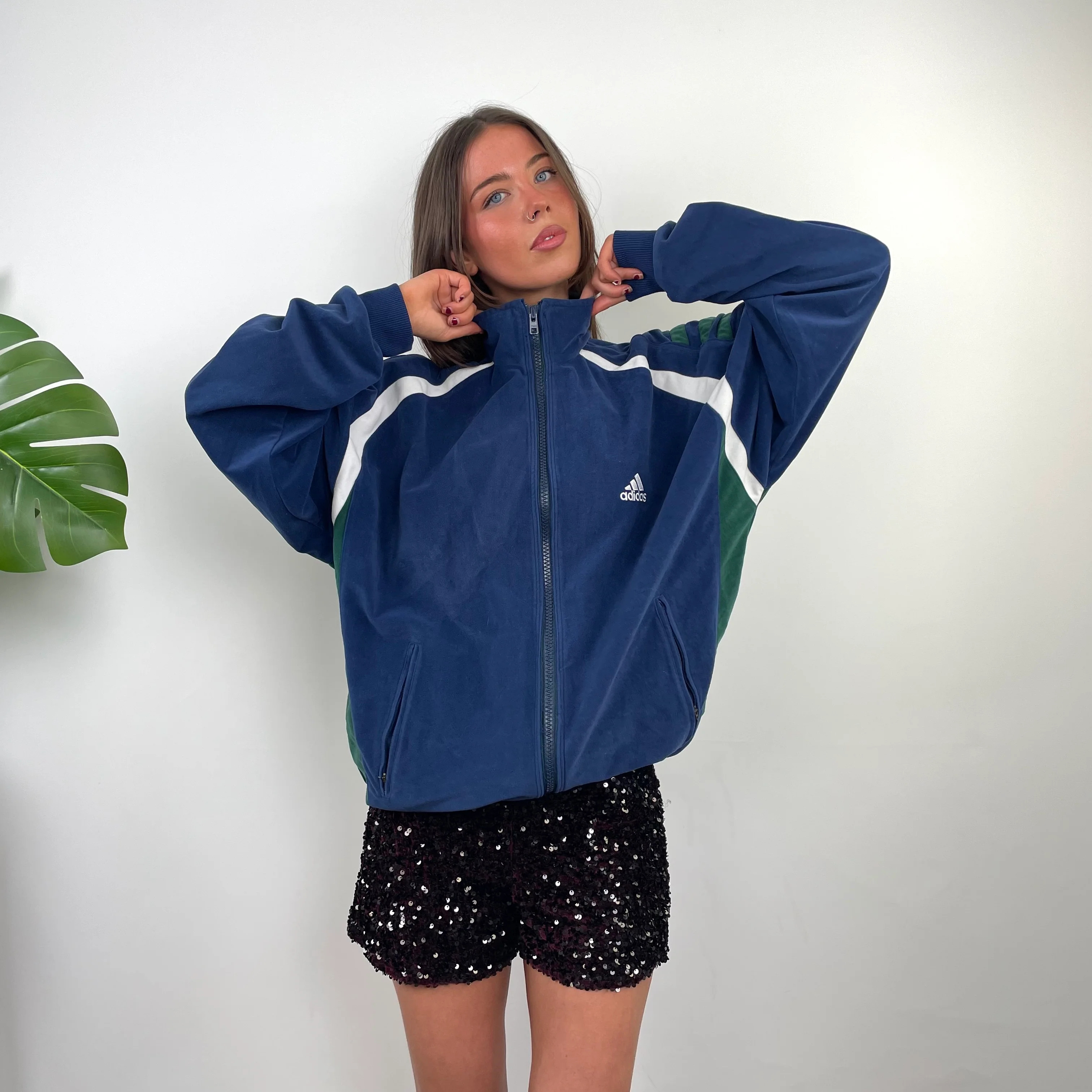 Adidas Navy Embroidered Spell Out Teddy Bear Fleece Quarter Zip Up Jacket (L)